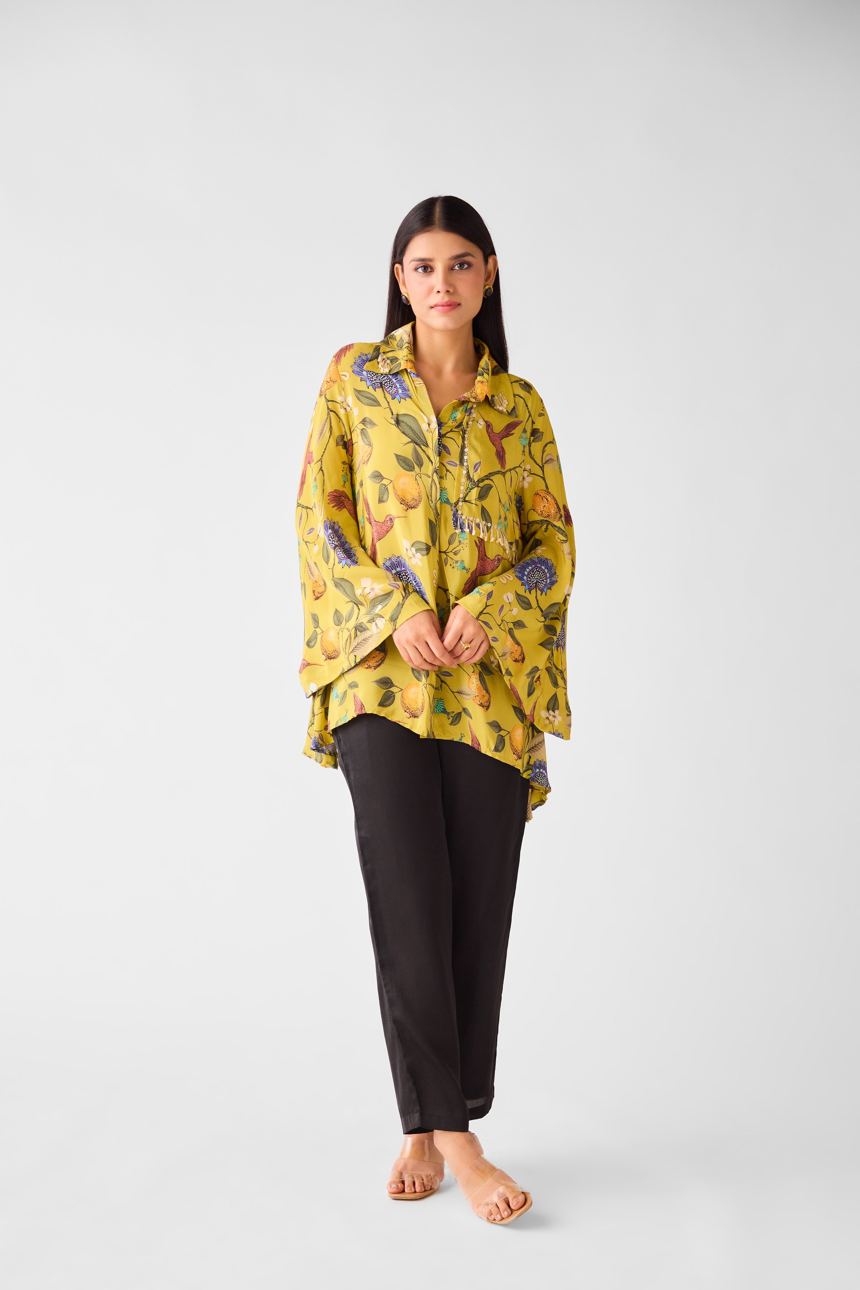 Lime Crepe Floral Long Shirt