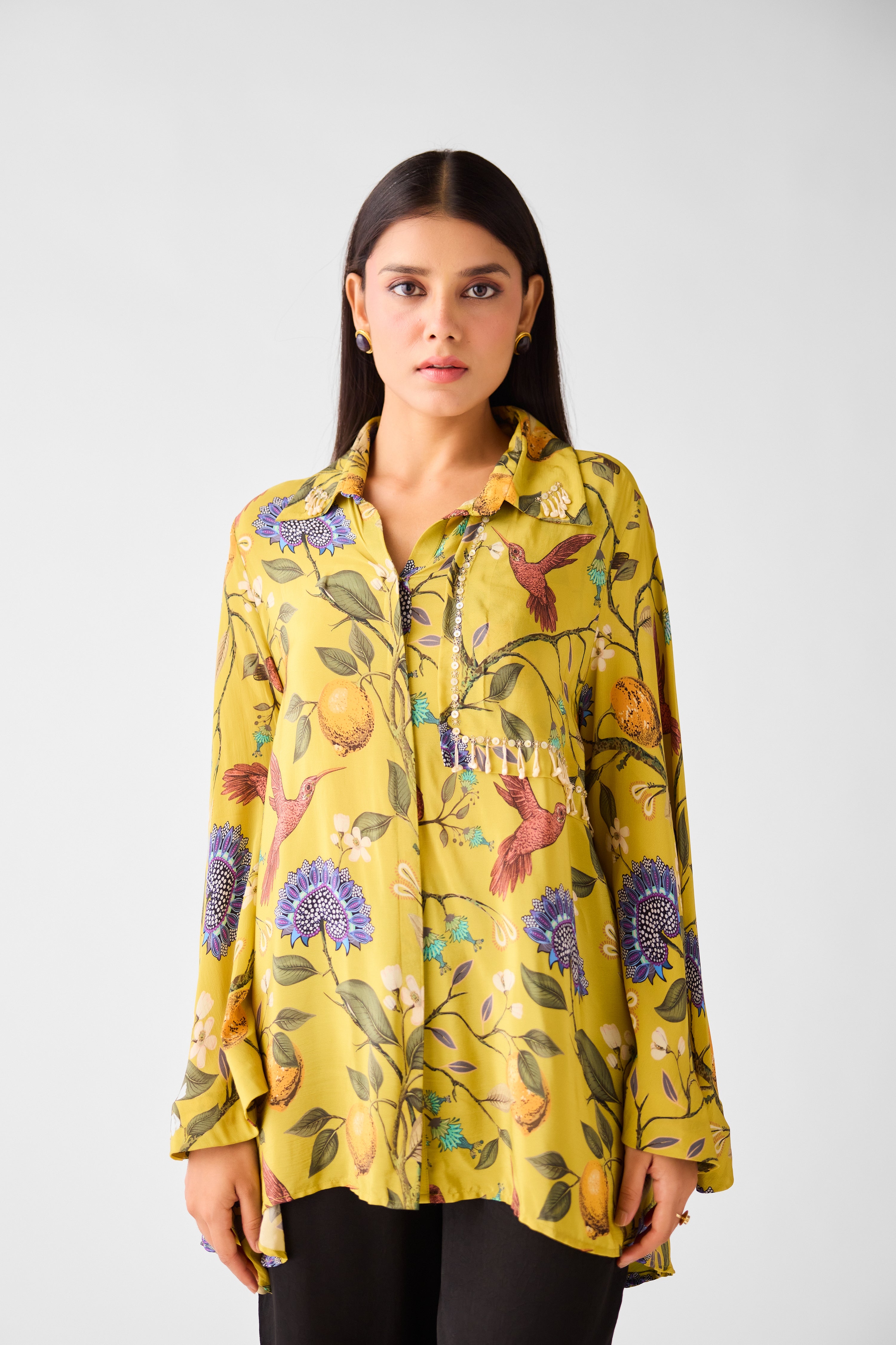 Lime Crepe Floral Long Shirt