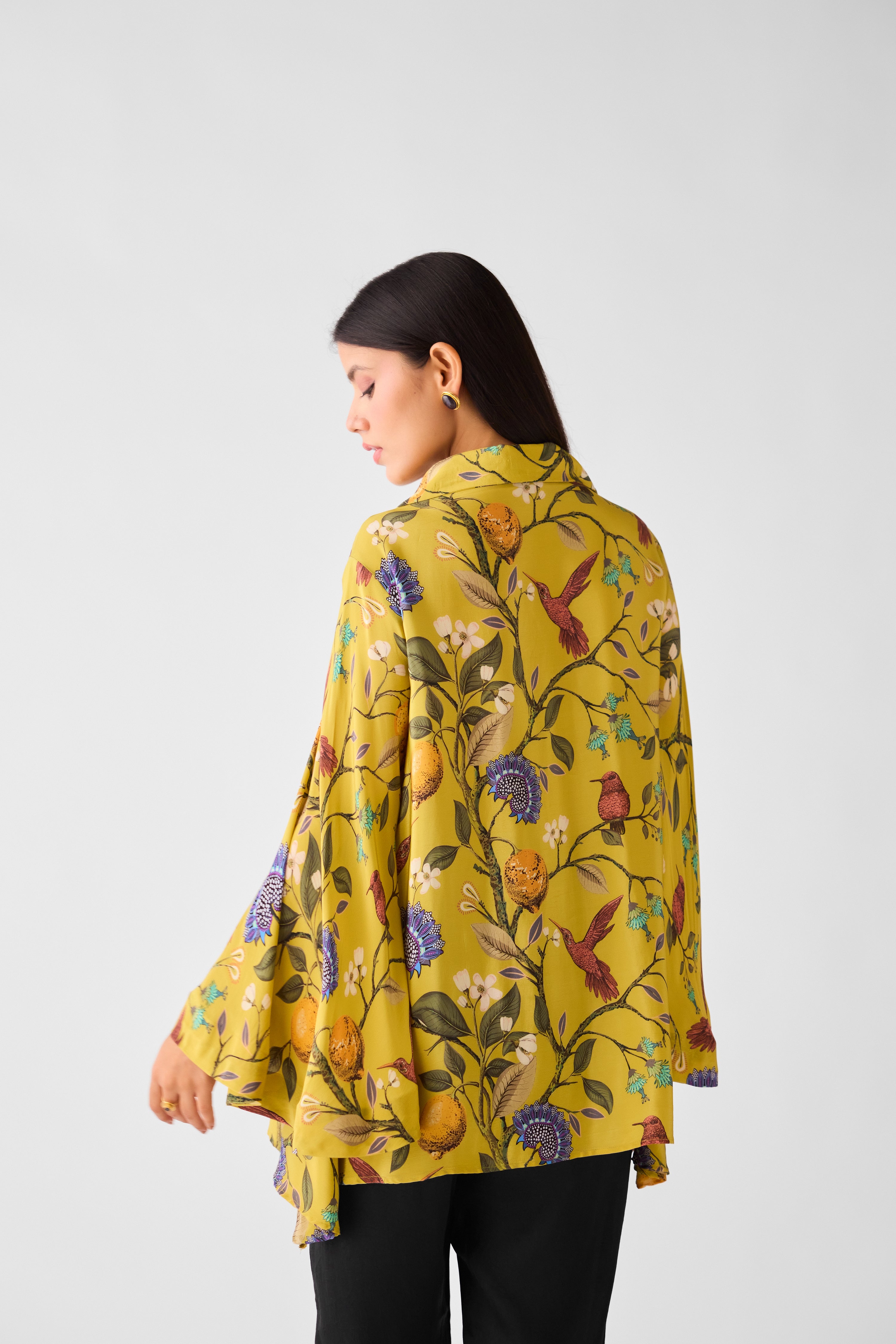 Lime Crepe Floral Long Shirt - Mokshaa