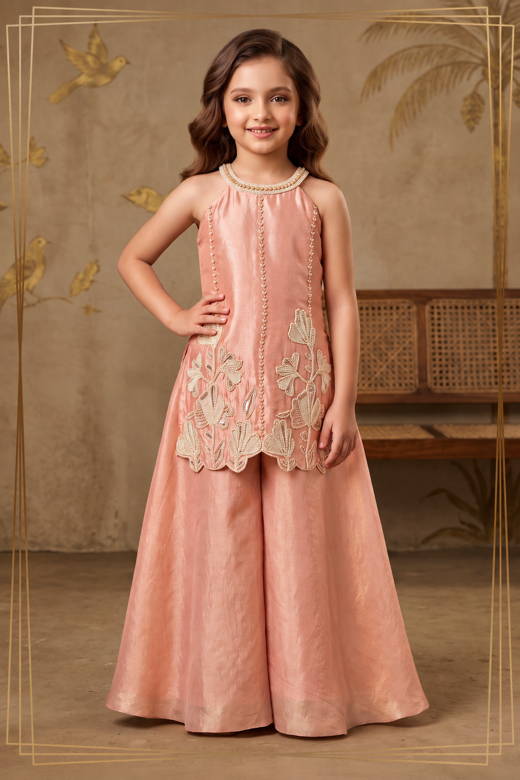 Peach Shimmer Embroidered Top with Palazzo Pants for Girls