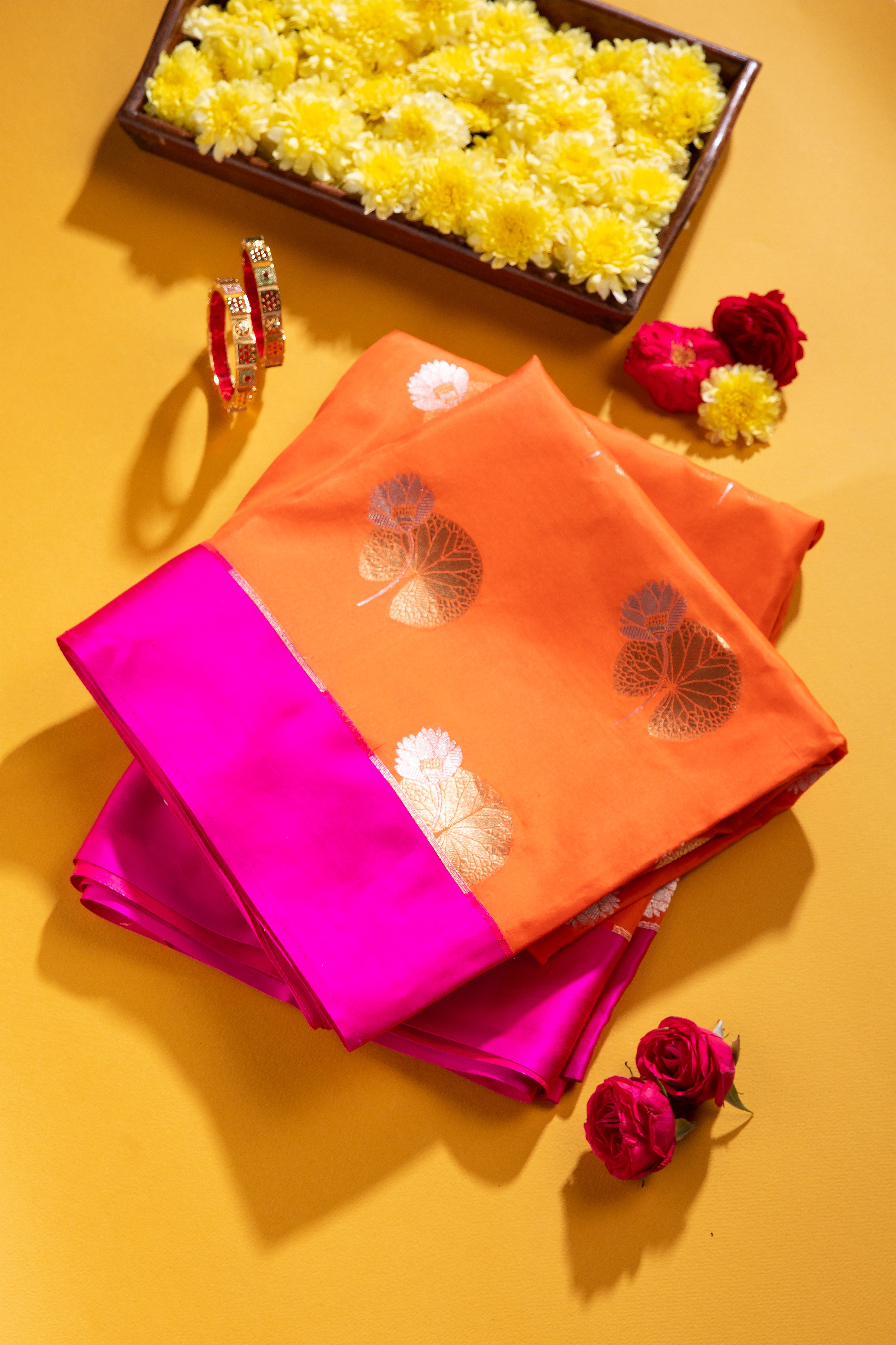 Orange Banaras Satin Silk Saree - Mokshaa