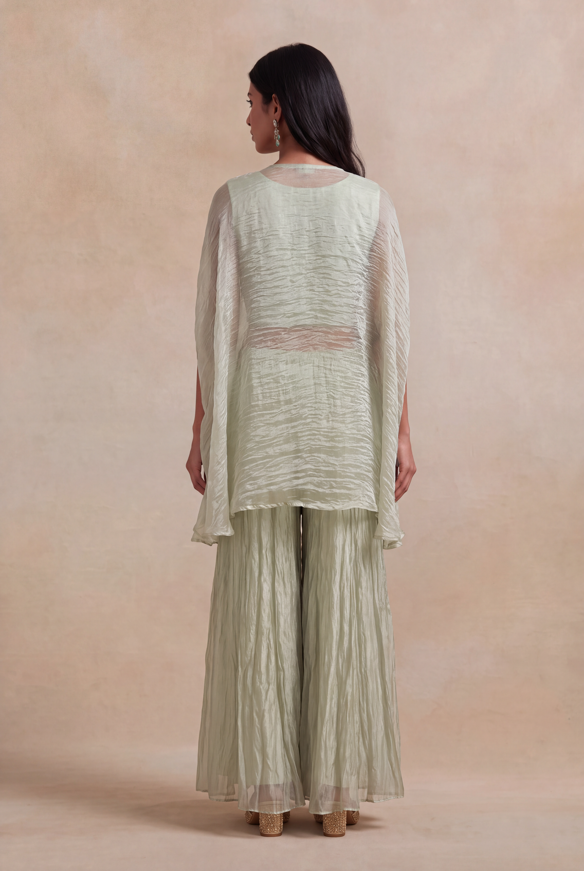 Sage Green Crush Tissue Zardozi Cape Set