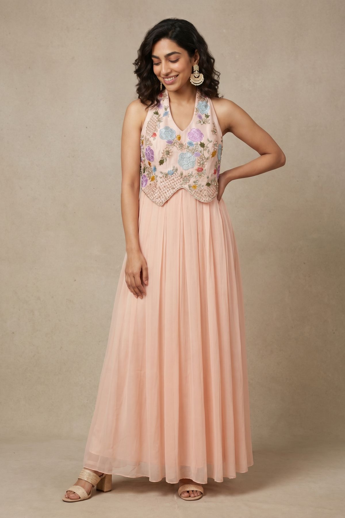 Peach Georgette Gown with Floral Thread & Applique Embroidery