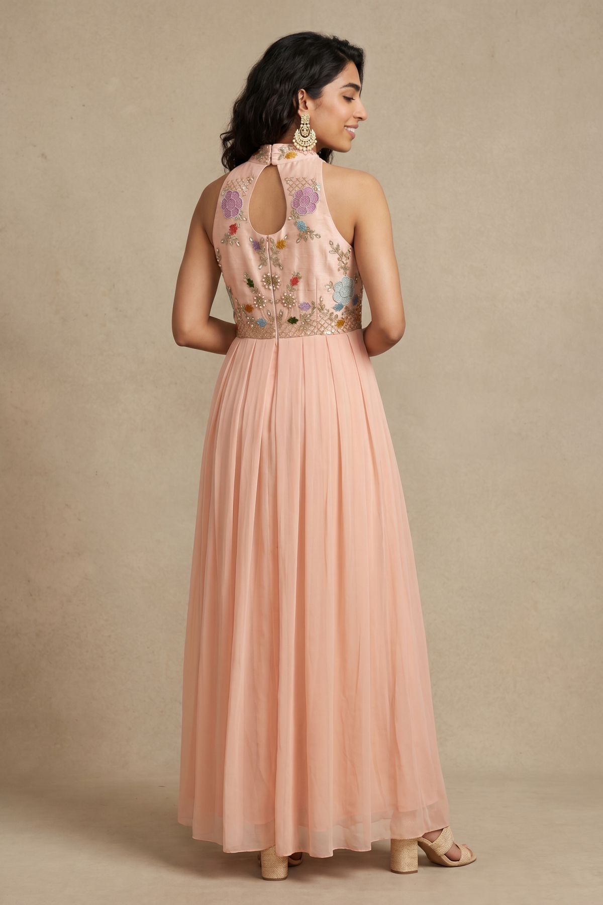Peach Georgette Gown with Floral Thread & Applique Embroidery