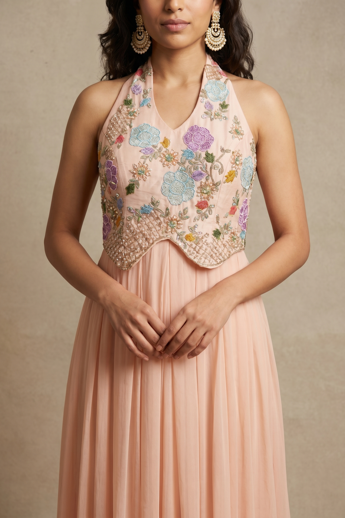 Peach Georgette Gown with Floral Thread & Applique Embroidery