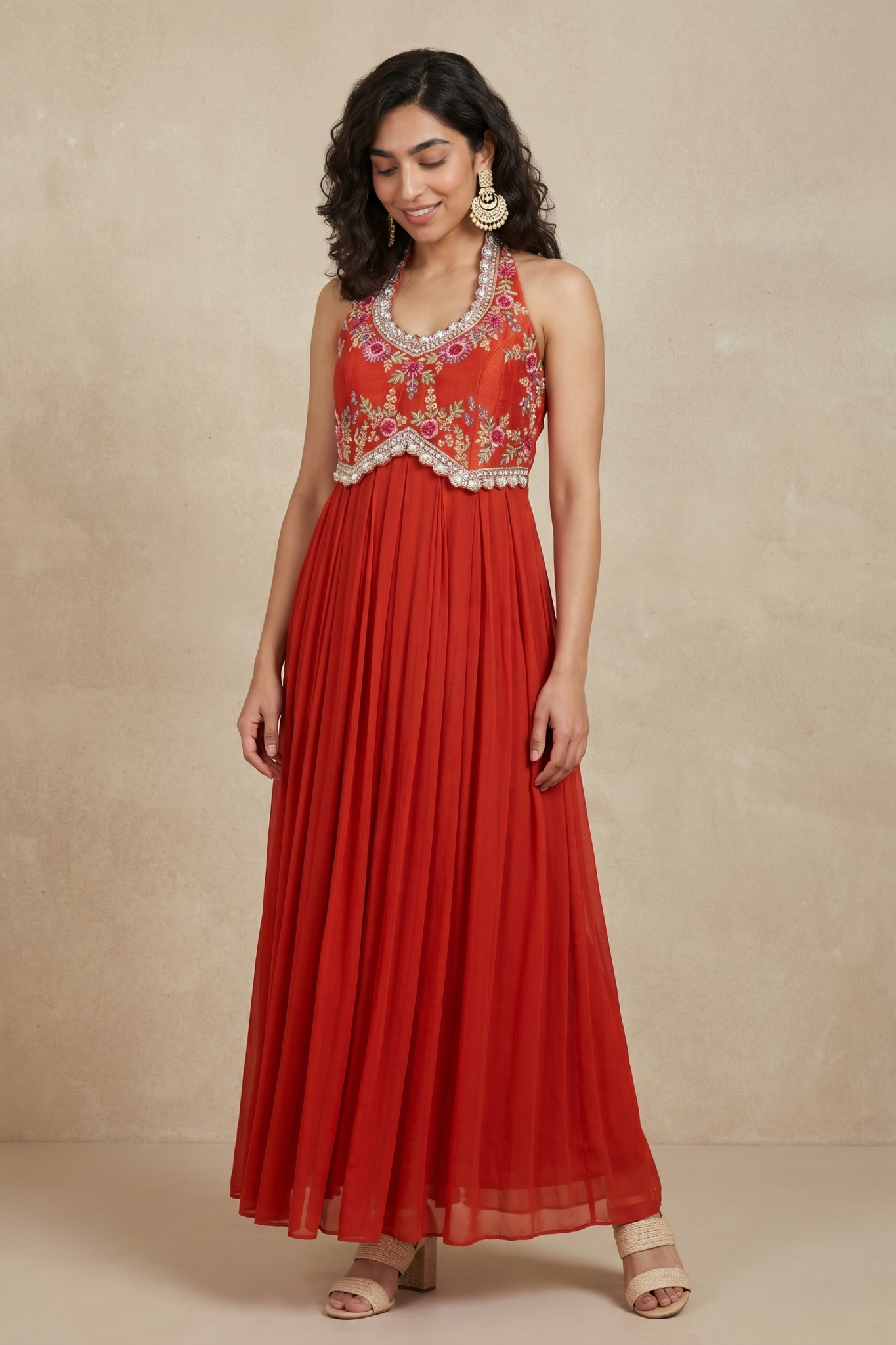 Rust Orange Georgette Gown with Floral Thread & Bead Embroidery
