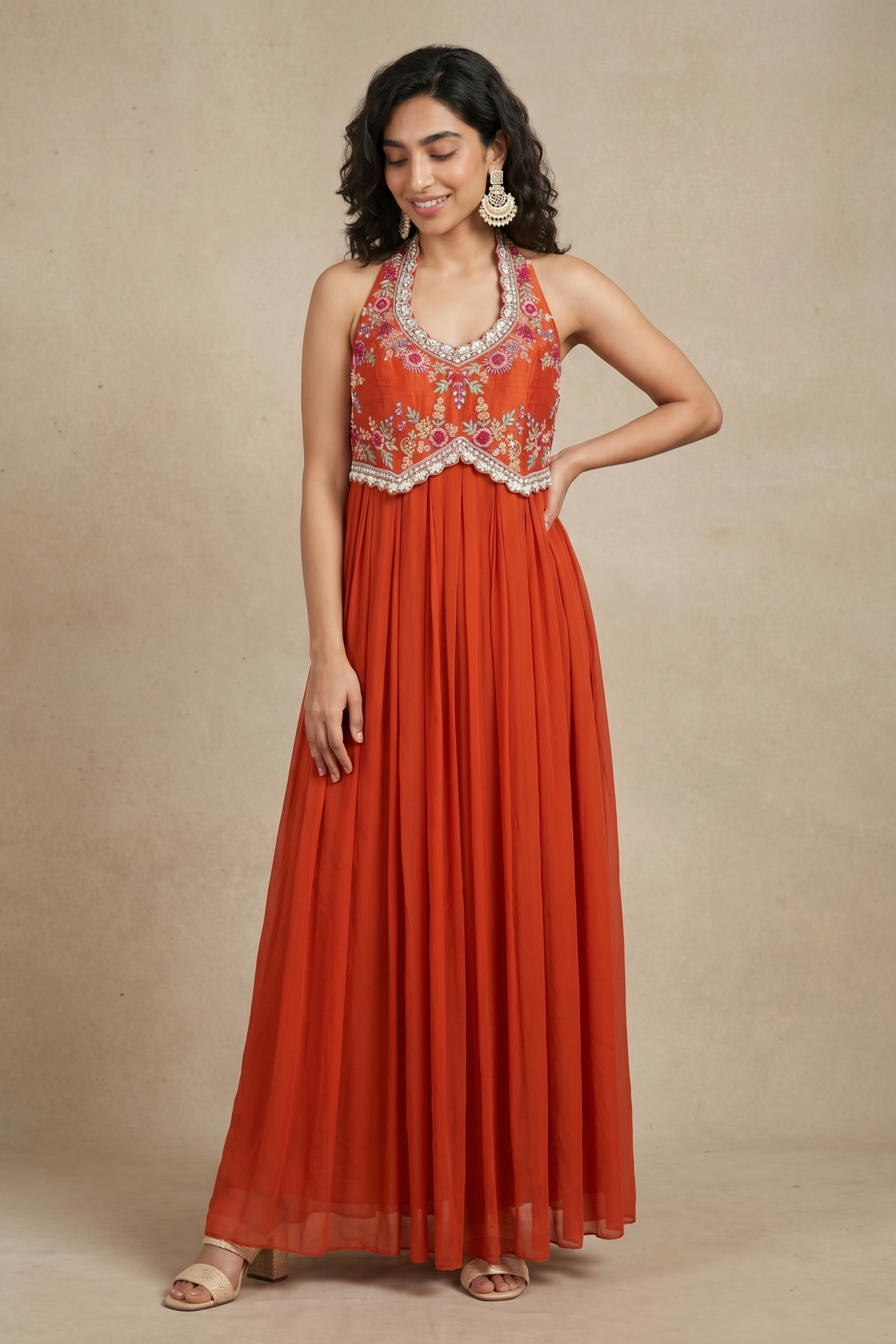 Rust Orange Georgette Gown with Floral Thread & Bead Embroidery