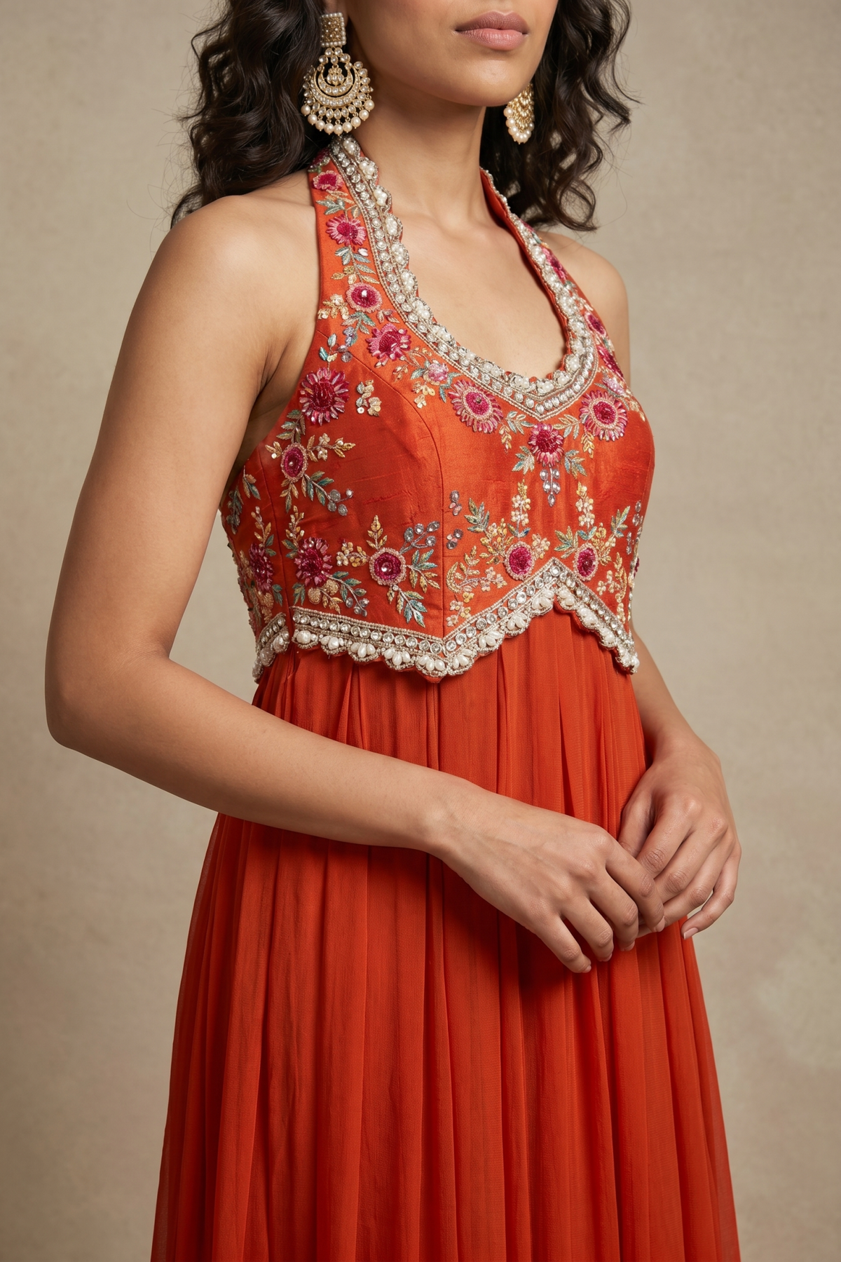 Rust Orange Georgette Gown with Floral Thread & Bead Embroidery