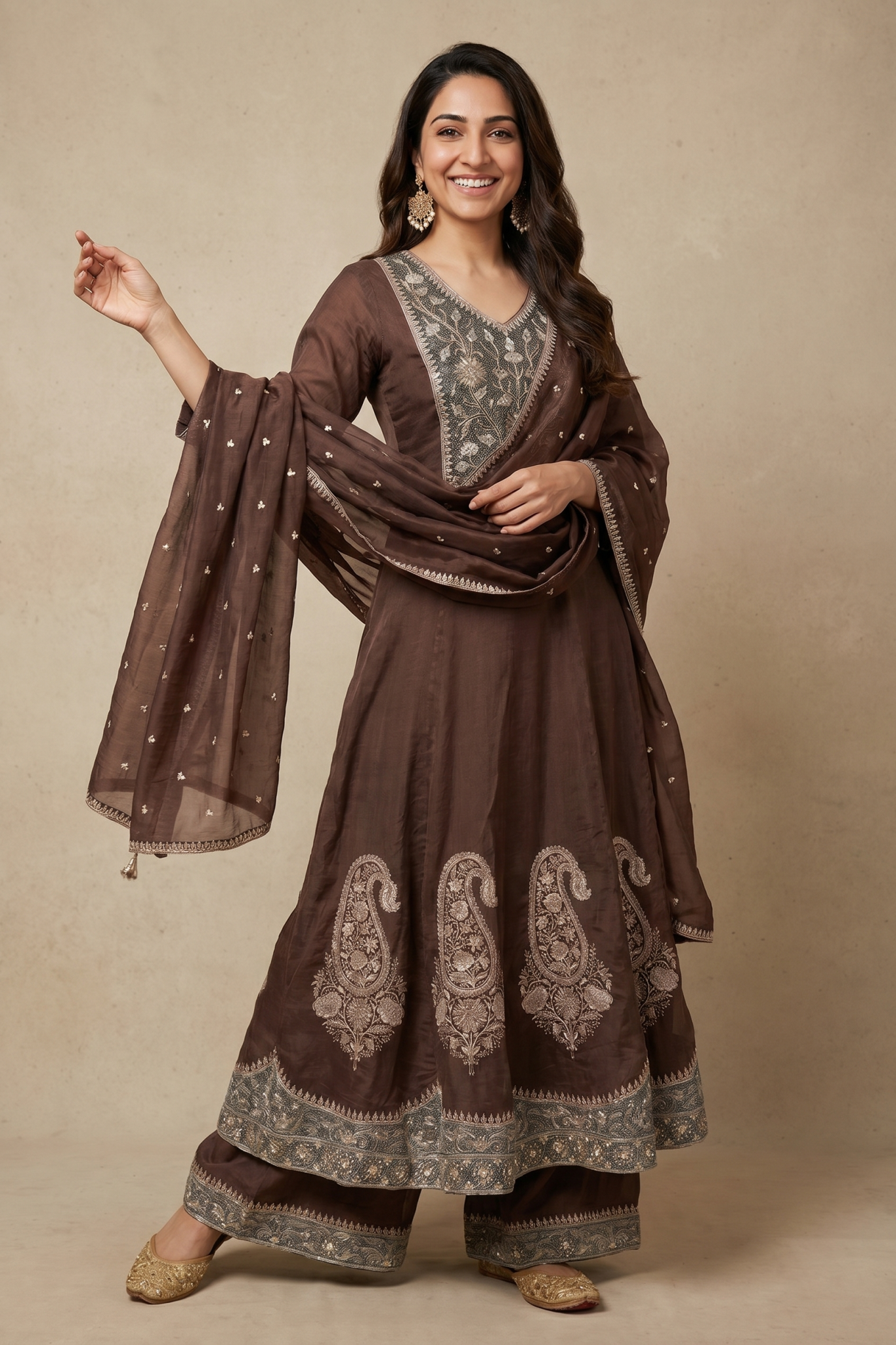 Brown Chanderi Cotton Embroidered Salwar Set