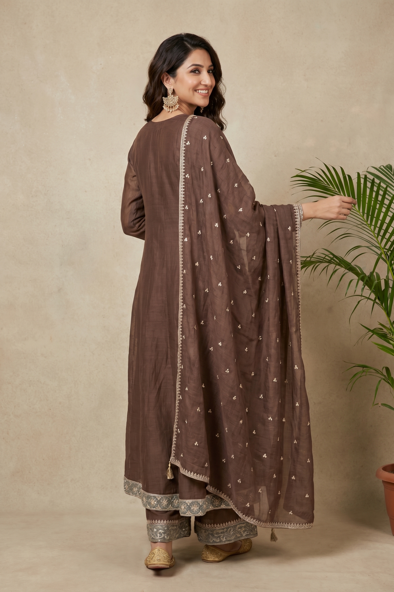 Brown Chanderi Cotton Embroidered Salwar Set
