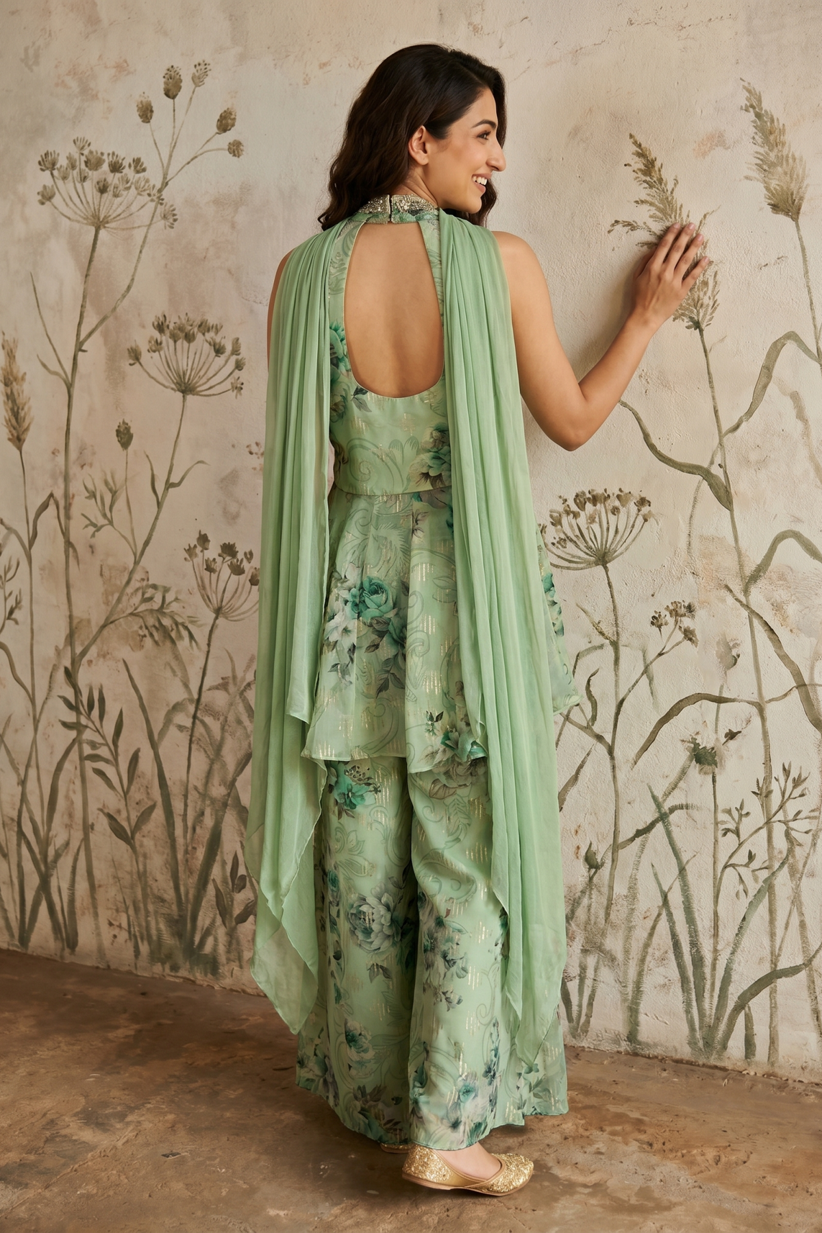 Mint Green Organza Peplum & Palazzo Set with Floral Print, Mirror & Kundan Work