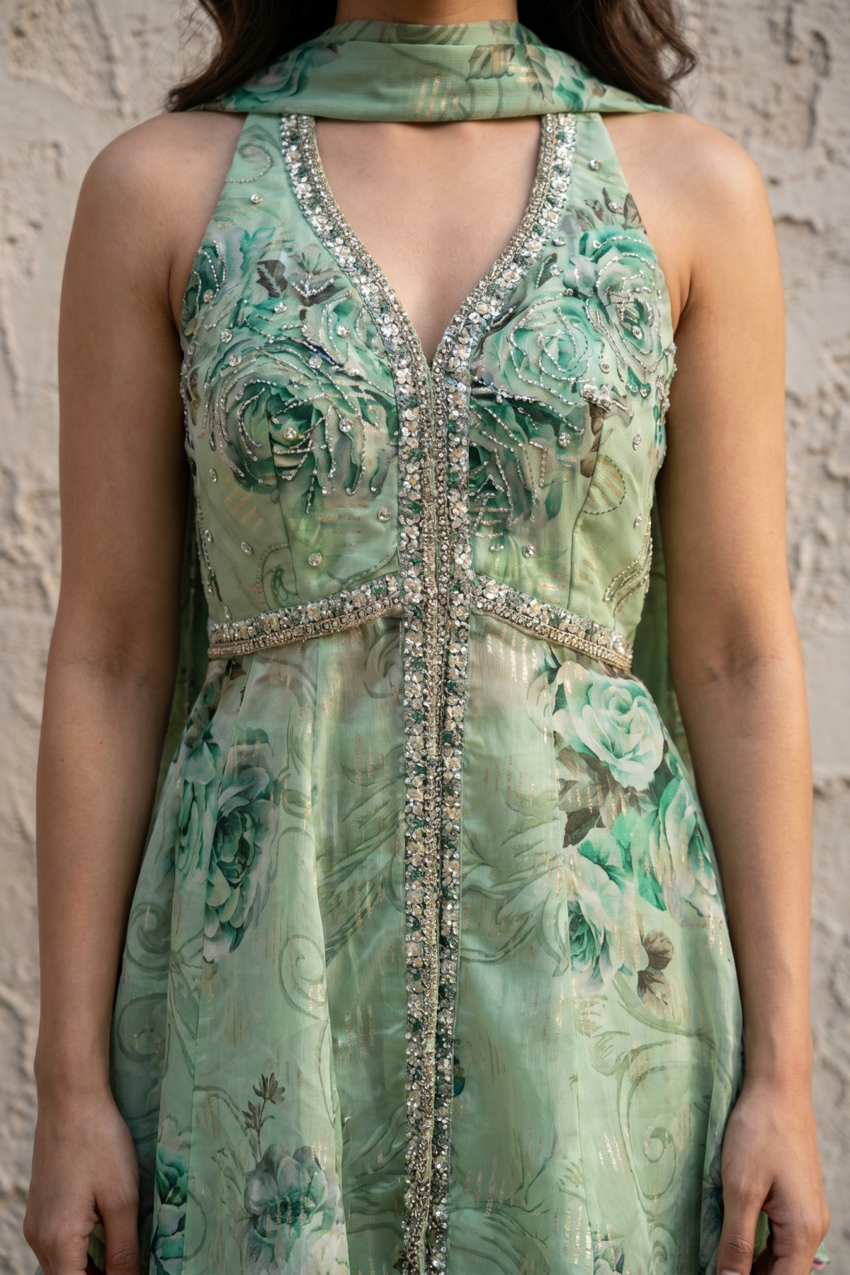 Mint Green Organza Peplum & Palazzo Set with Floral Print, Mirror & Kundan Work