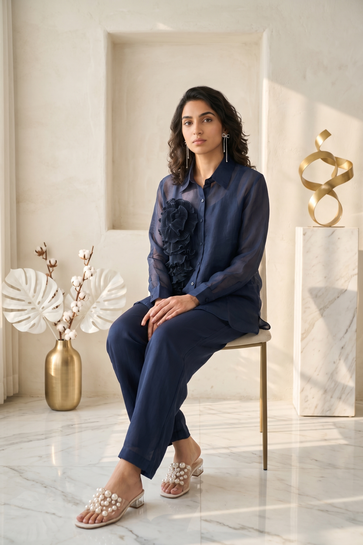 Navy Organza Co-ord Set with 3D Pleated Rose Appliqué