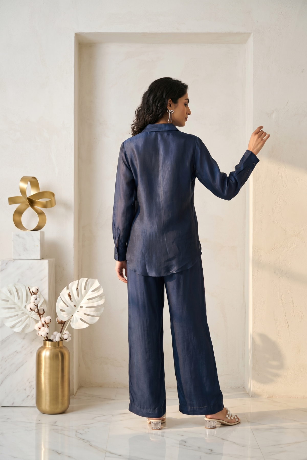 Navy Organza Co-ord Set with 3D Pleated Rose Appliqué