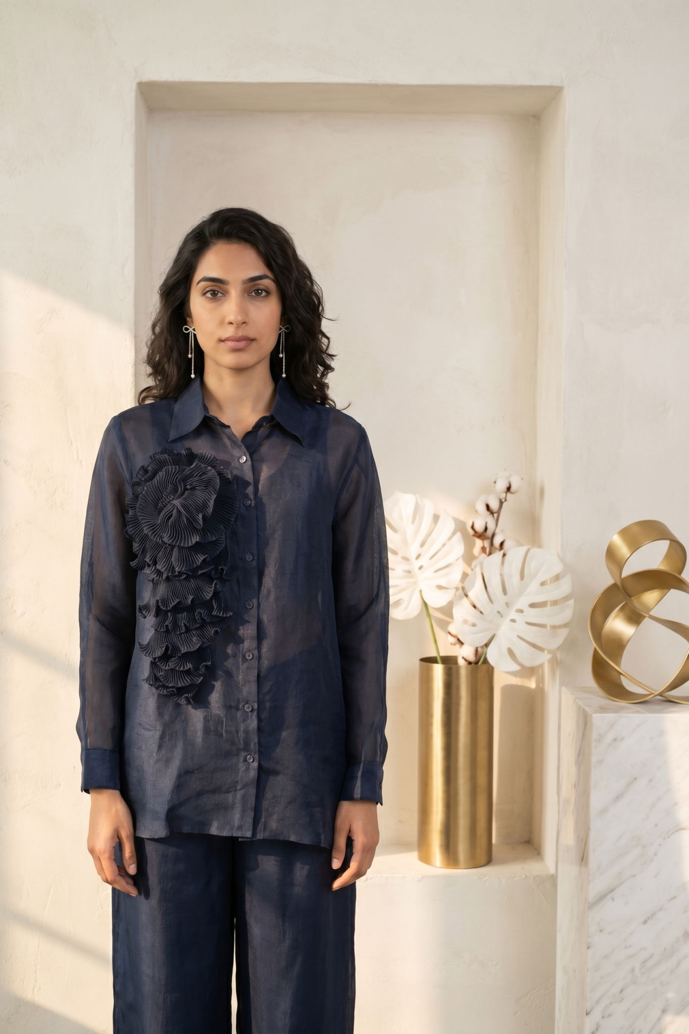 Navy Organza Co-ord Set with 3D Pleated Rose Appliqué