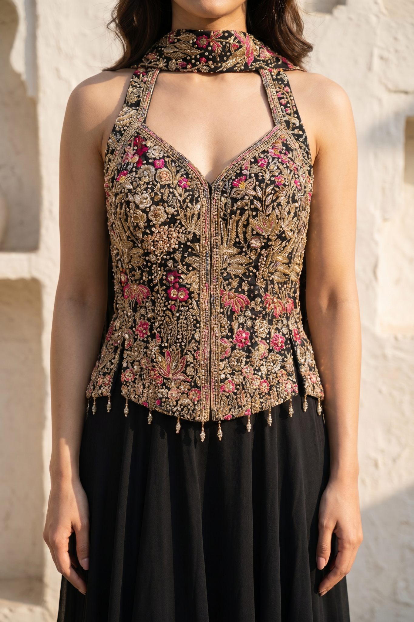 Black Georgette Zari-Embellished Indo Western Set