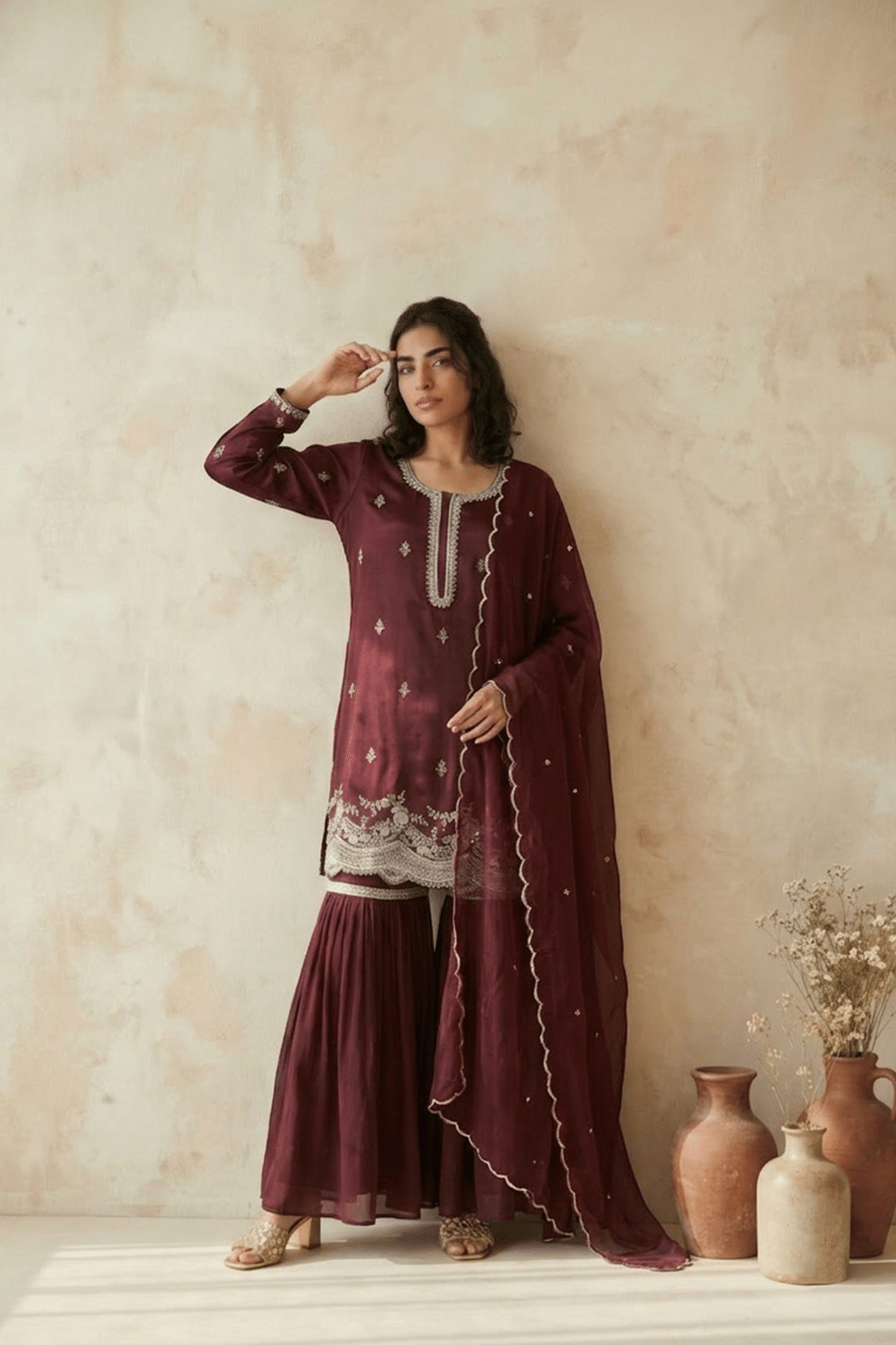 Maroon Crepe Sharara Set