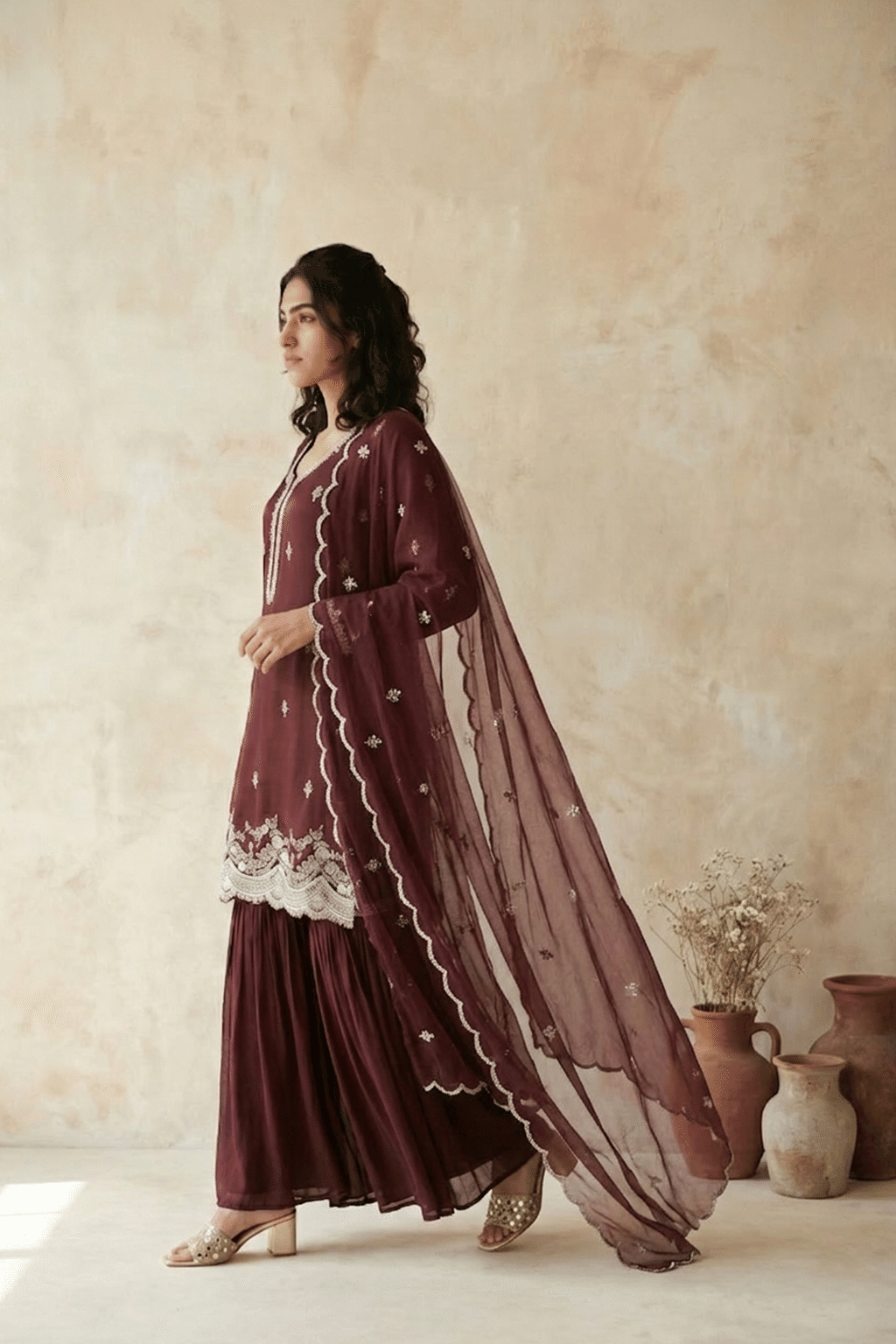Maroon Crepe Sharara Set