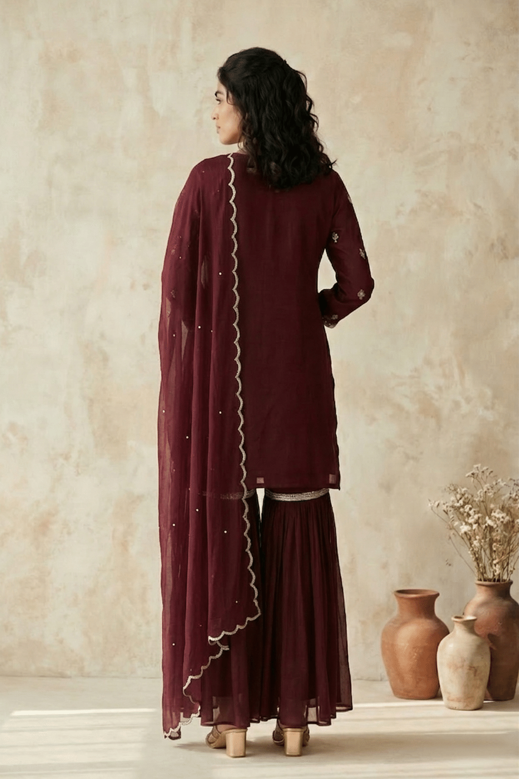 Maroon Crepe Sharara Set