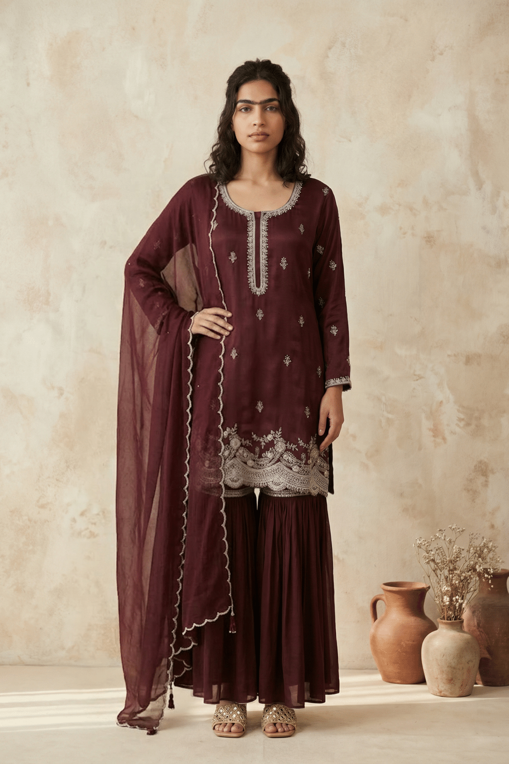 Maroon Crepe Sharara Set