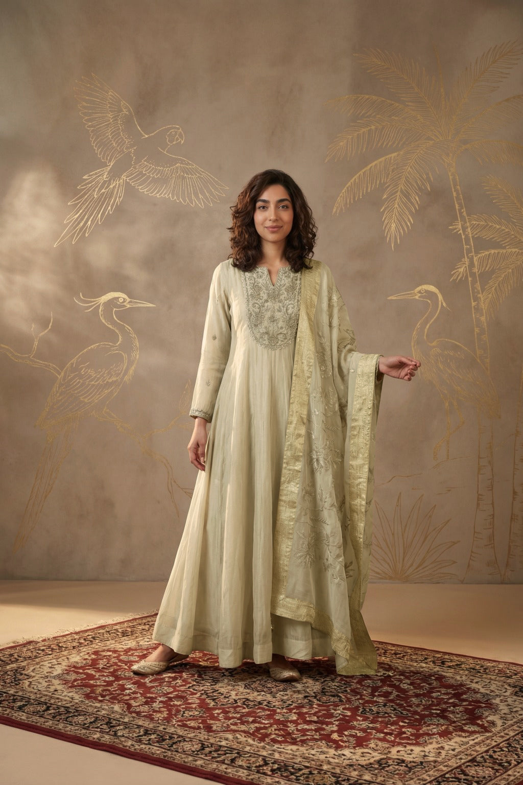 Cream Tissue Anarkali with Banarasi Dupatta
