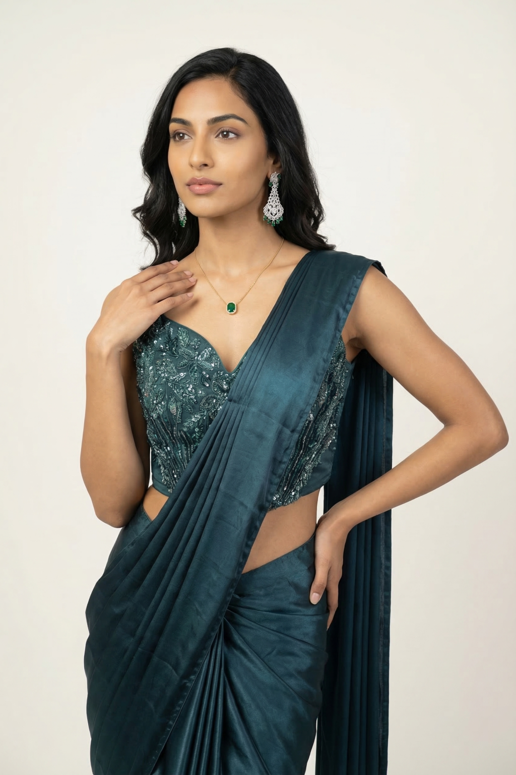 Emerald Green Satin Drape Saree
