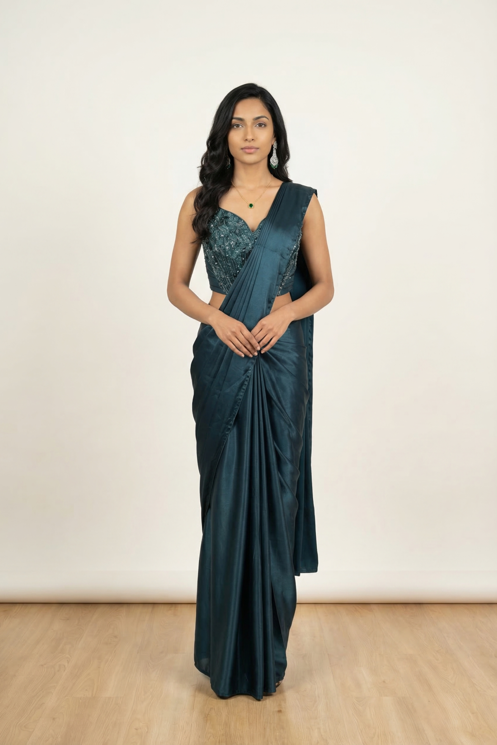 Emerald Green Satin Drape Saree