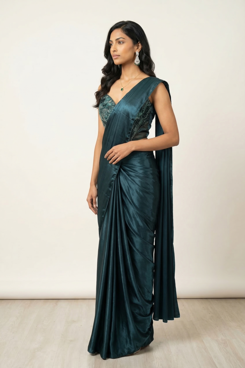 Emerald Green Satin Drape Saree