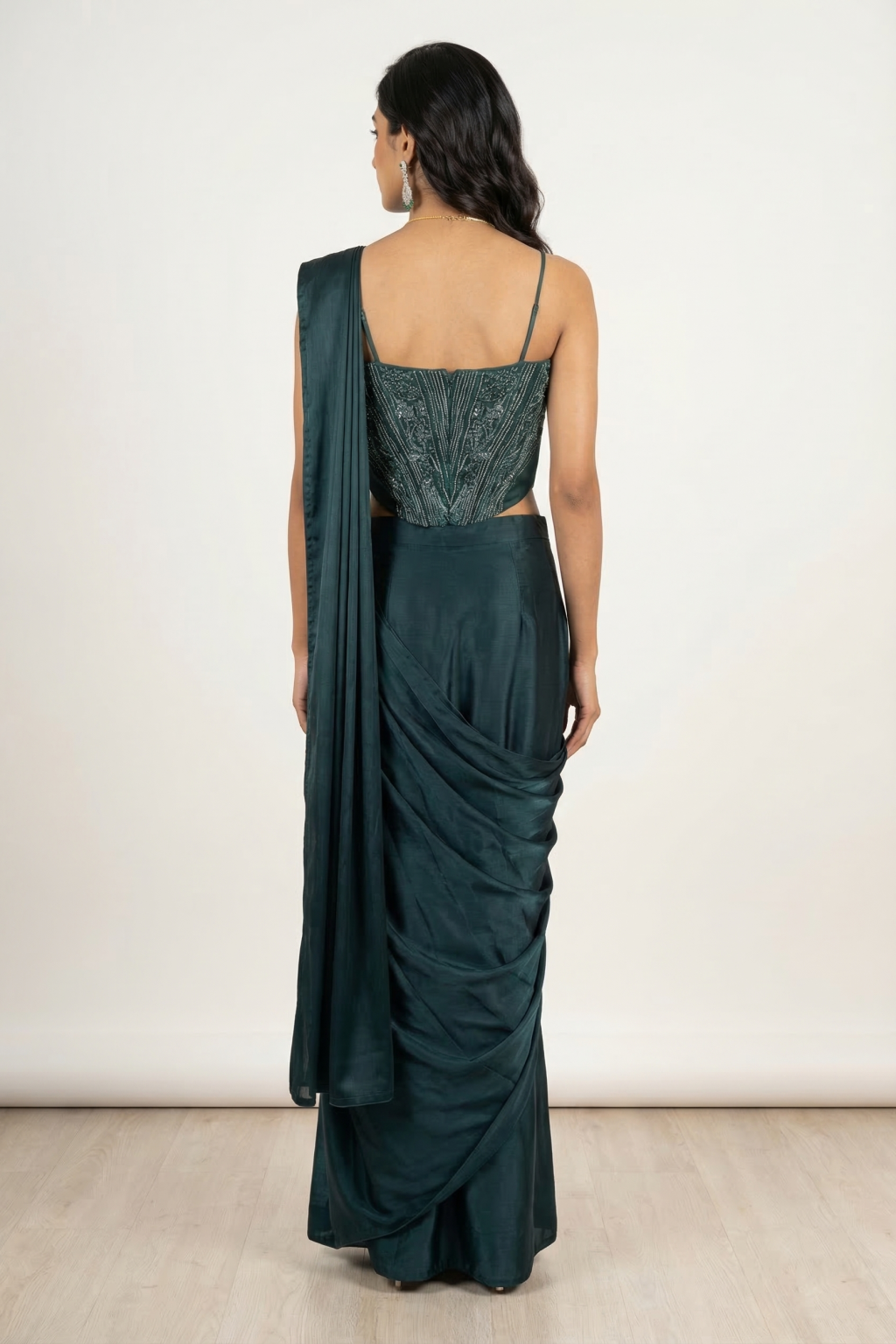 Emerald Green Satin Drape Saree