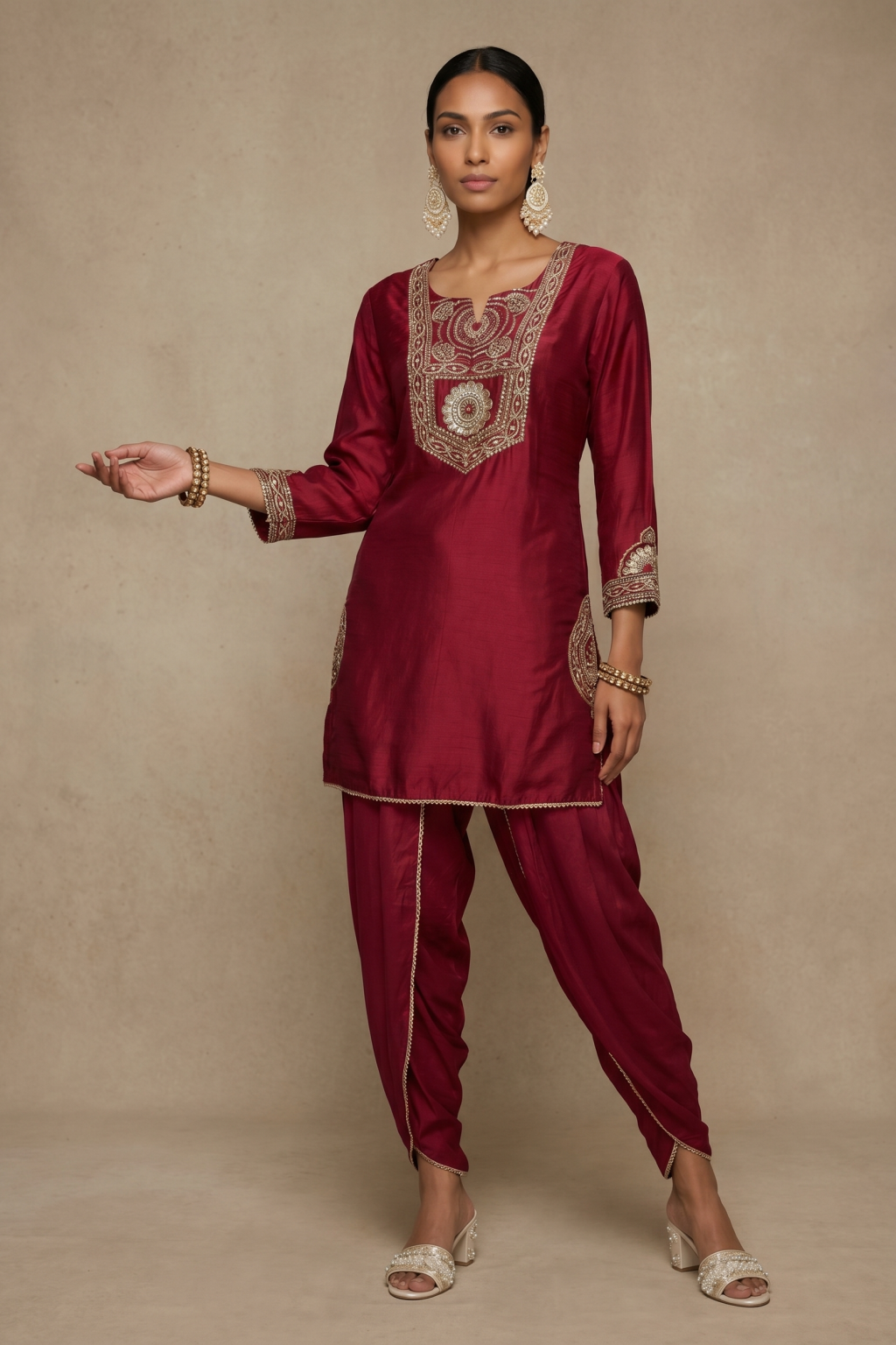 The Regal Maroon Raw Silk Dhoti Ensemble