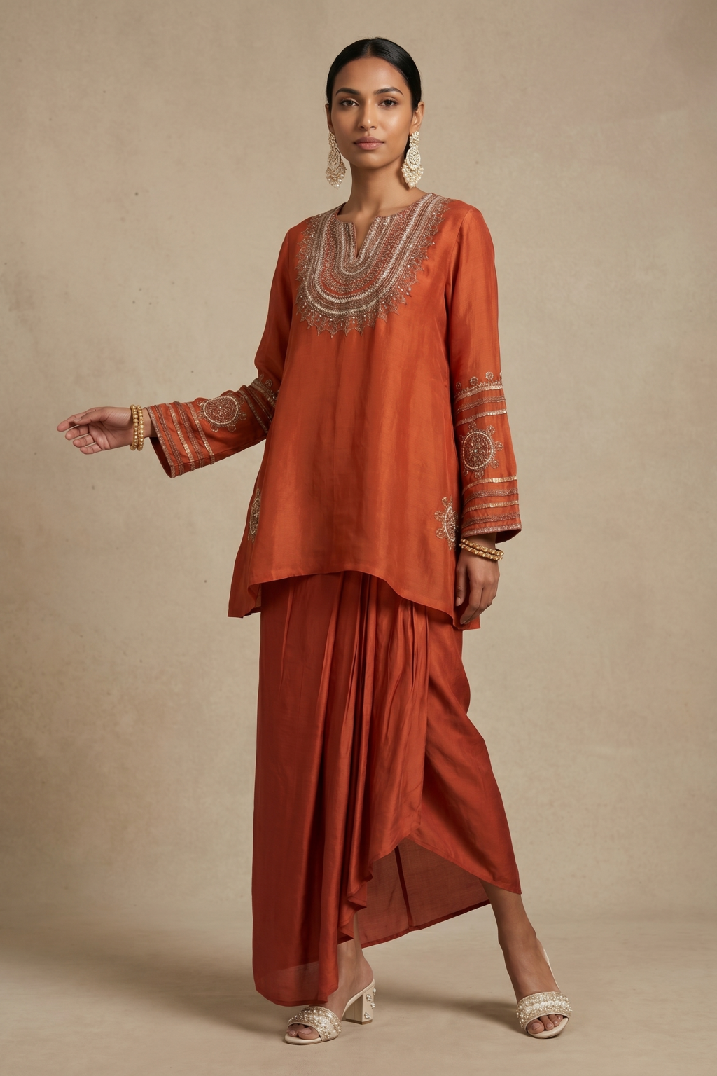 Rust Embroidered Organza Dhoti Set
