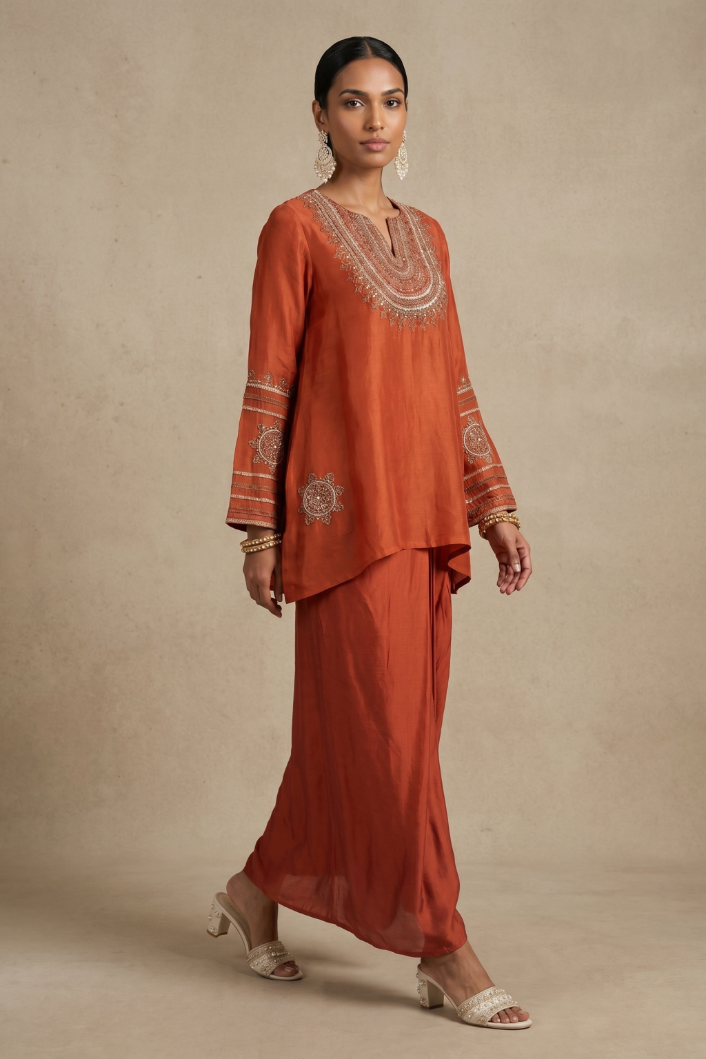 Rust Embroidered Organza Dhoti Set