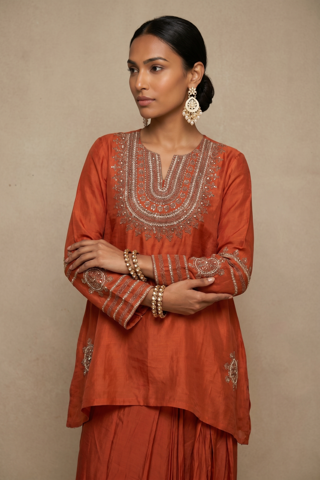 Rust Embroidered Organza Dhoti Set