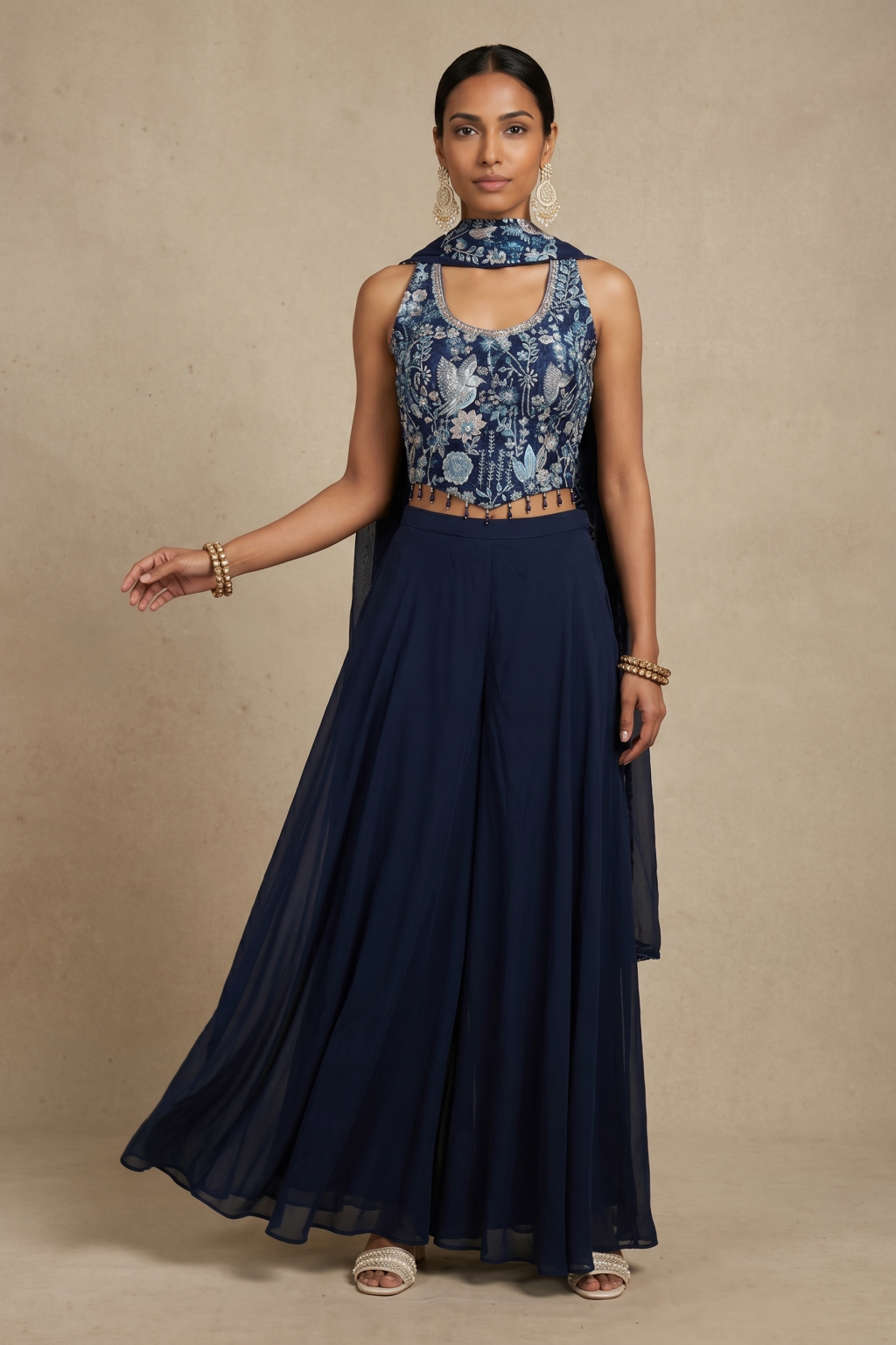 Navy Embroidered Palazzo Set