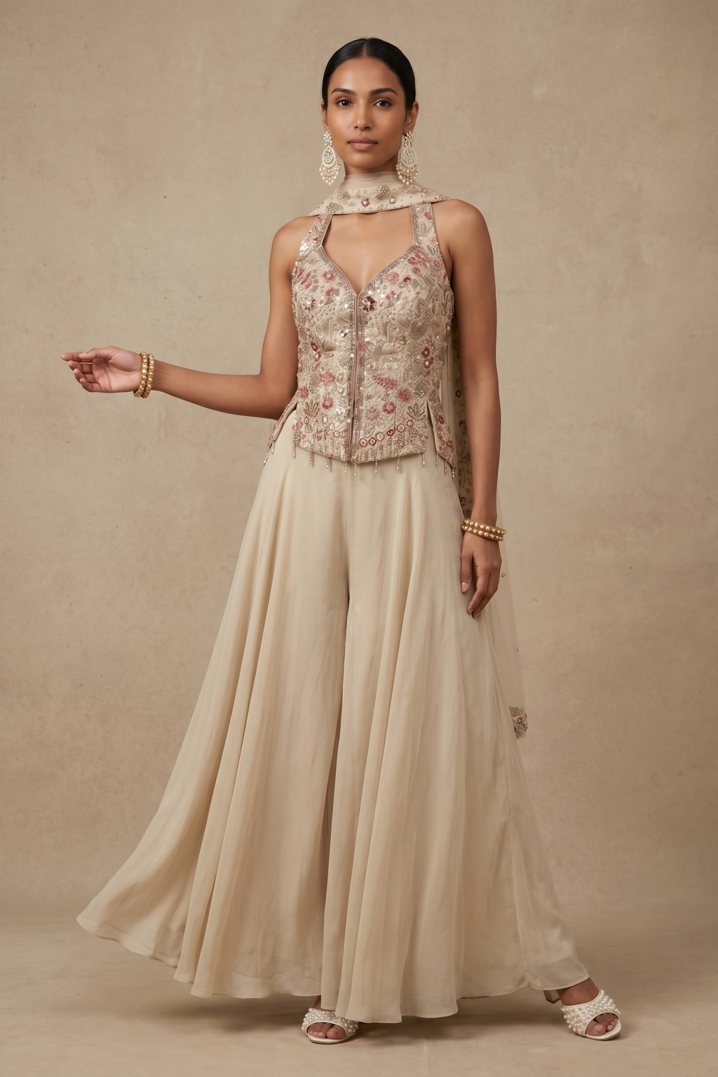 Ivory Embroidered Palazzo Set