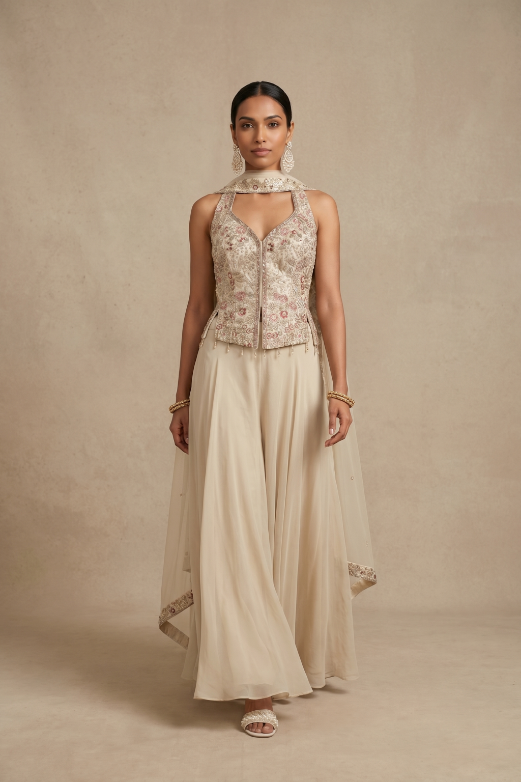 Ivory Embroidered Palazzo Set