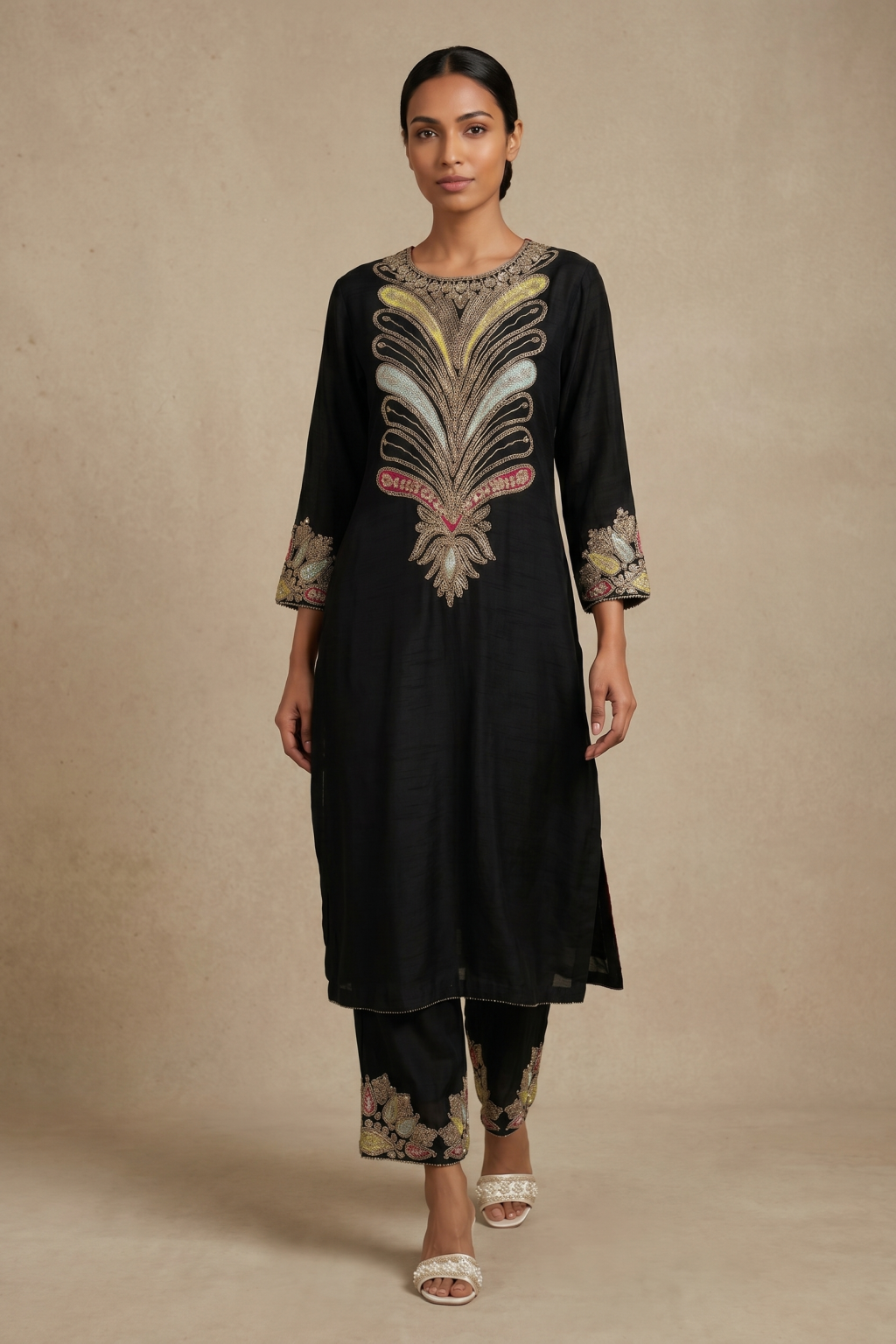 Black Silk Kurta Set with Multicolour Embroidery