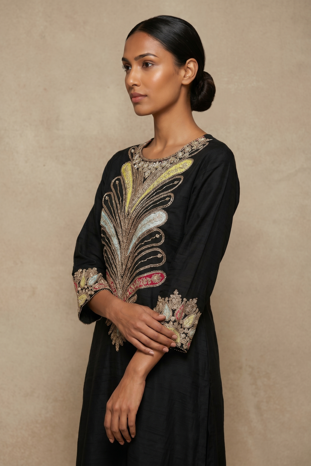 Black Silk Kurta Set with Multicolour Embroidery
