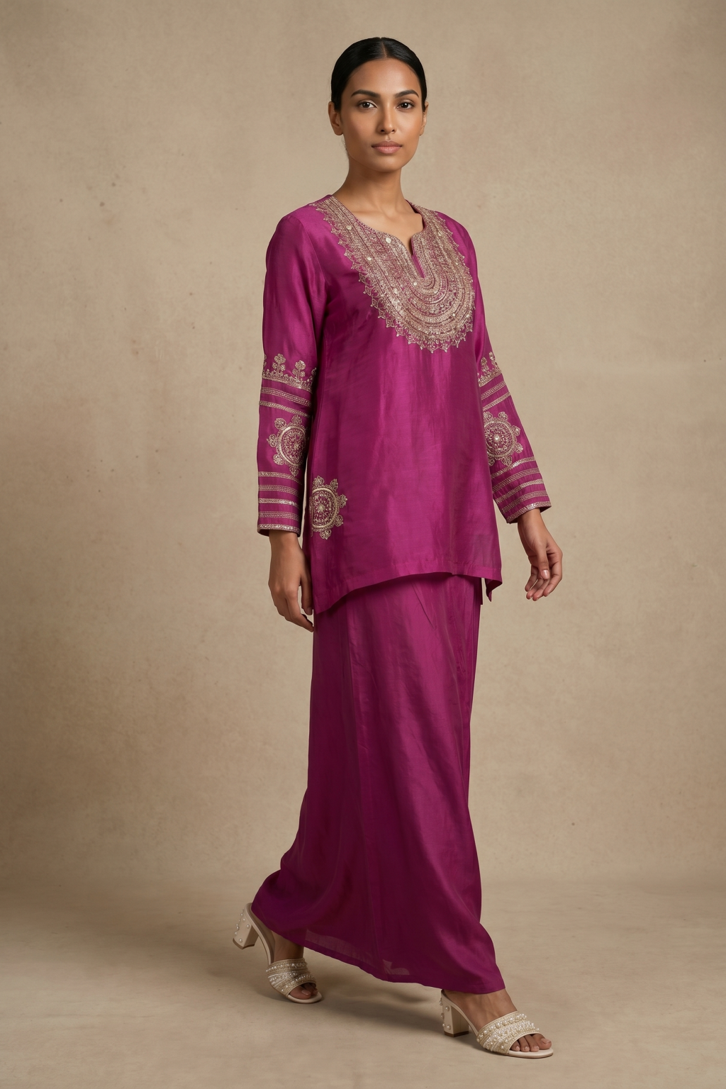 Magenta Organza Top with Satin Dhoti Set