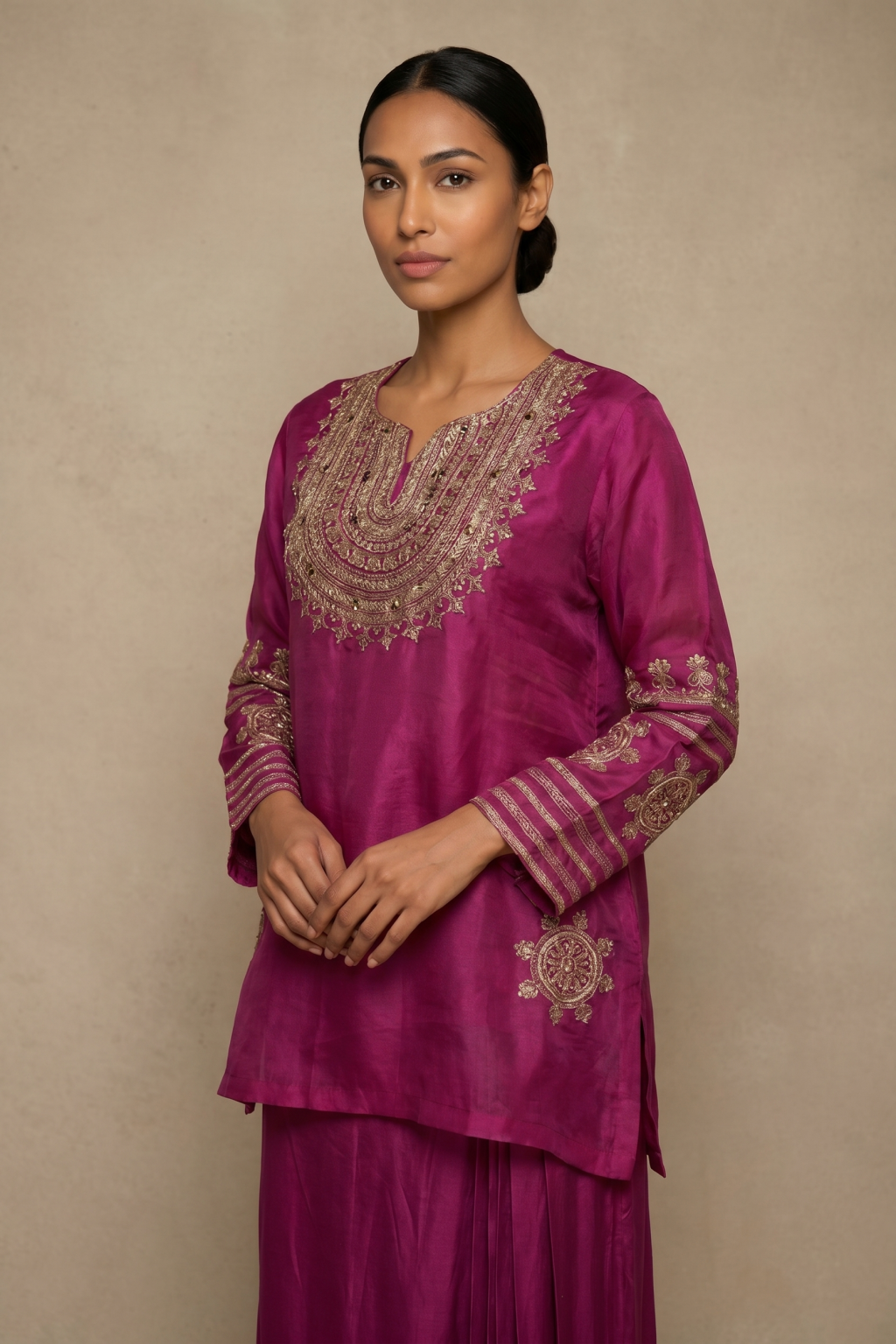 Magenta Organza Top with Satin Dhoti Set