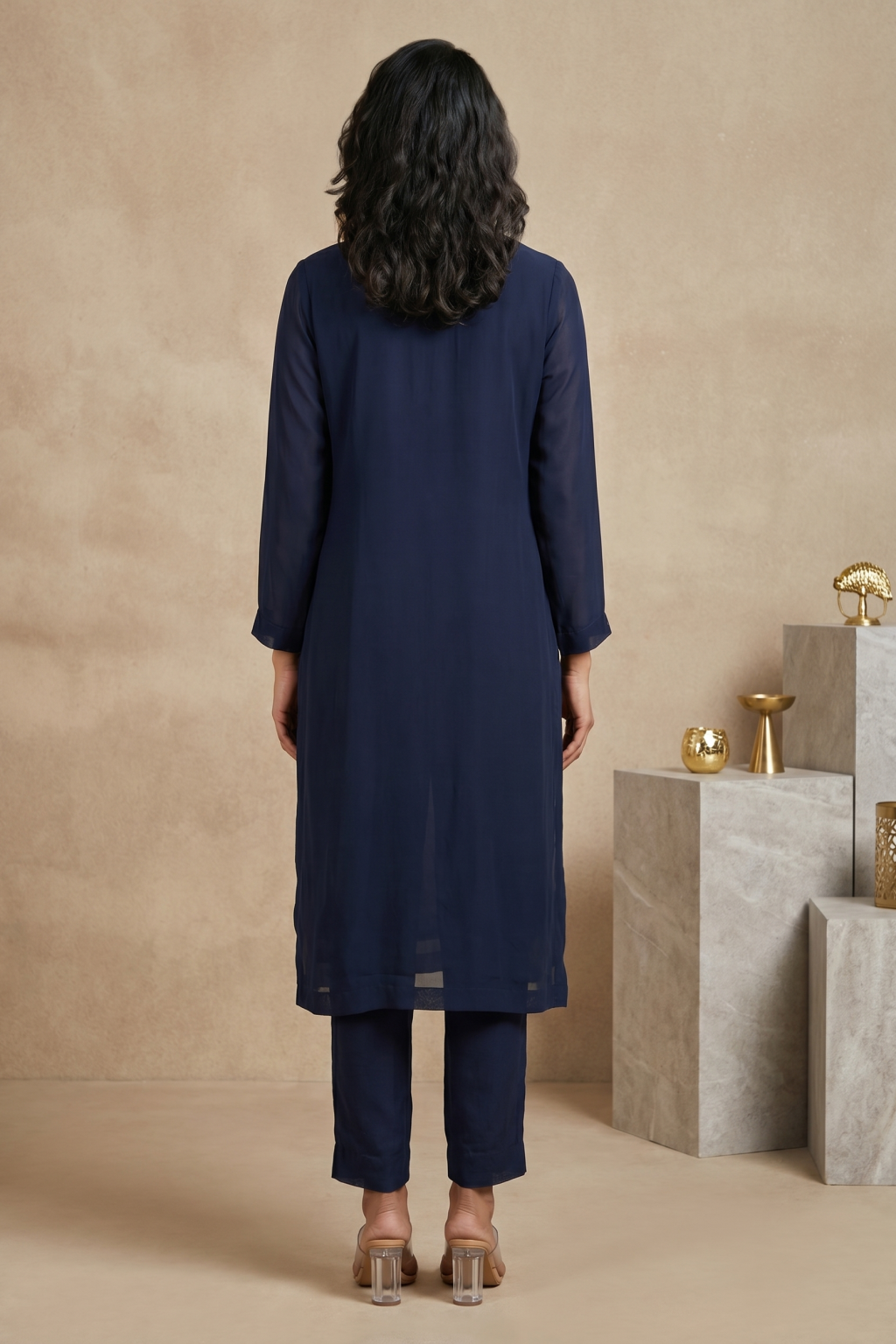 Navy Blue Floral Embroidered Kurti Set
