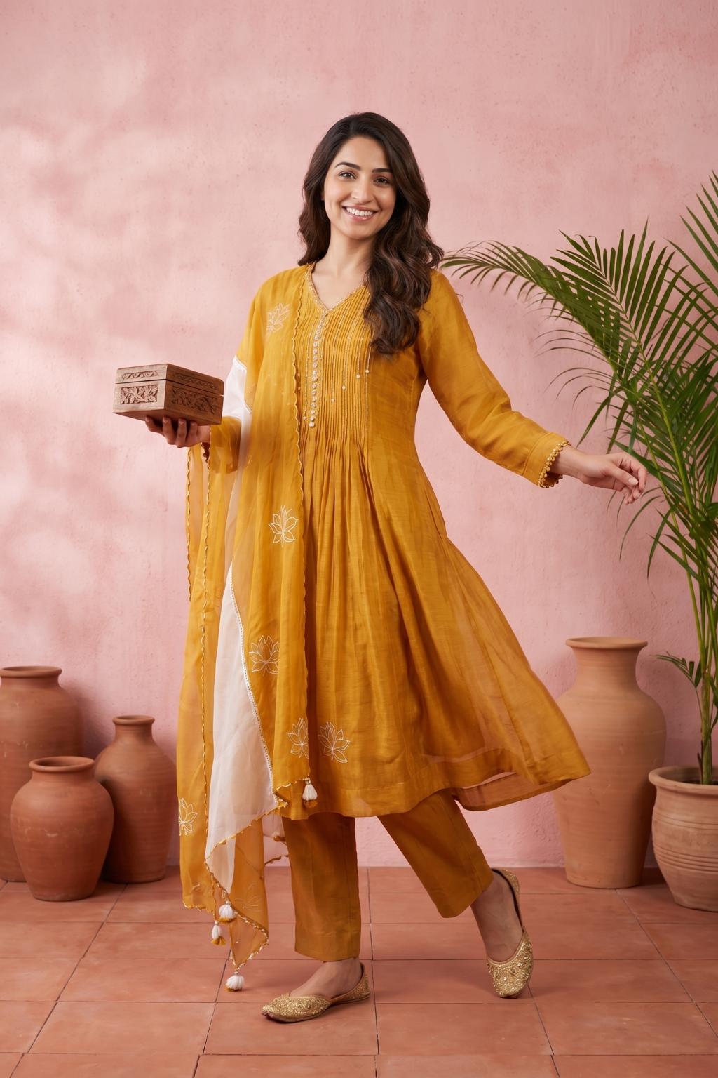 Mustard Yellow Cotton Mul Anarkali Set