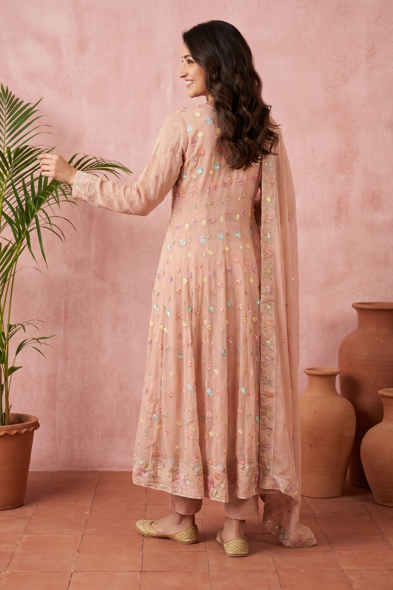 Peach Georgette Floral Embroidered Anarkali Set