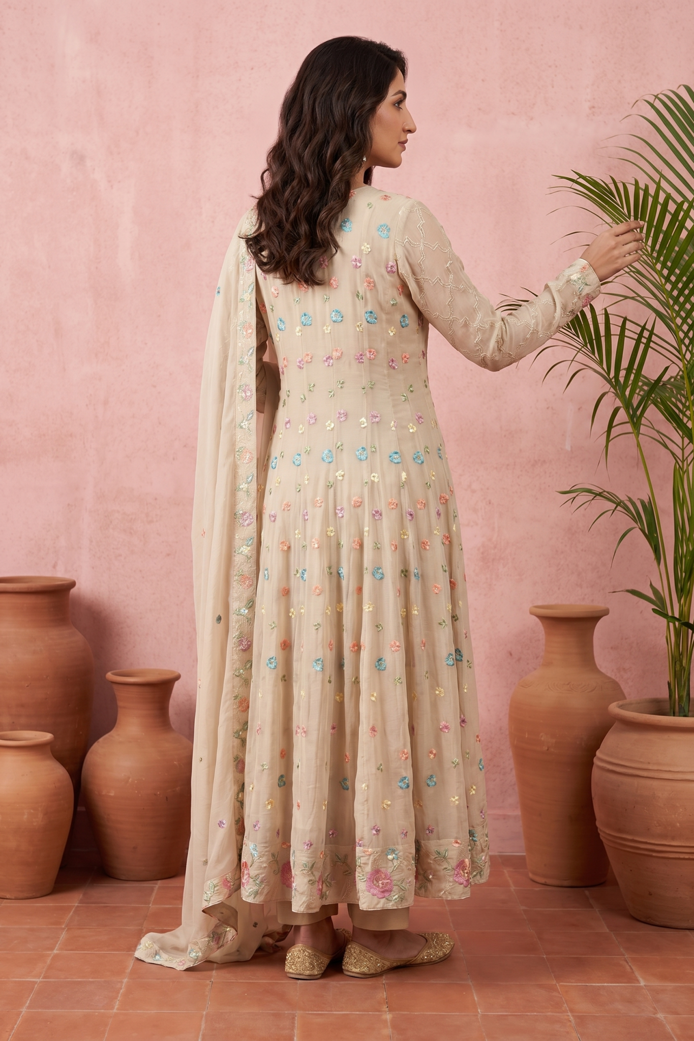 Beige Floral Embroidered Premium Anarkali Set