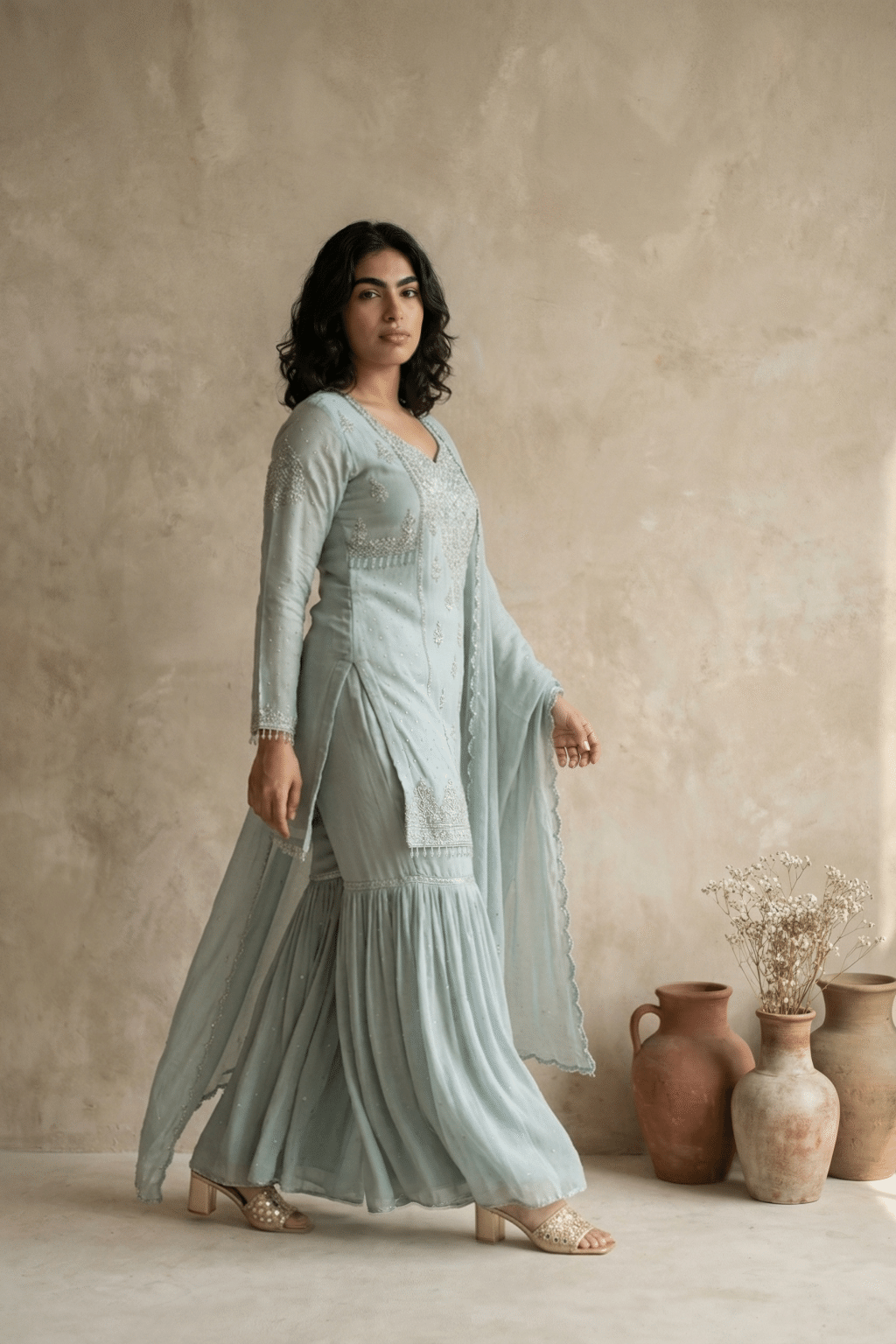 Ice Blue Crepe Sharara Set