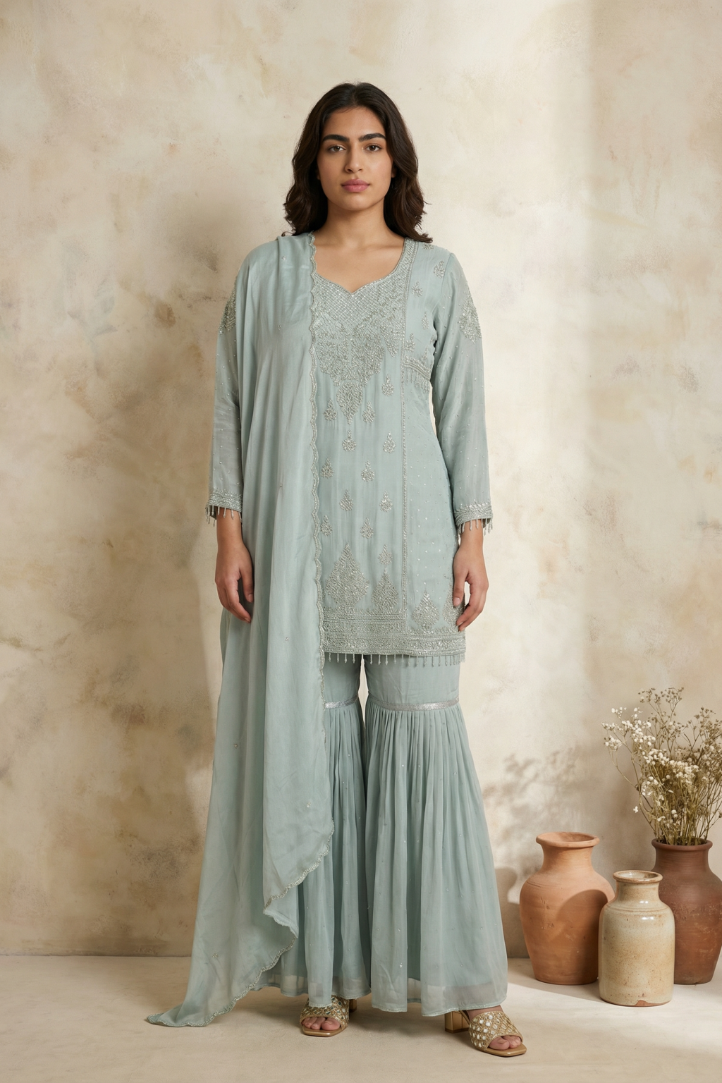 Ice Blue Crepe Sharara Set