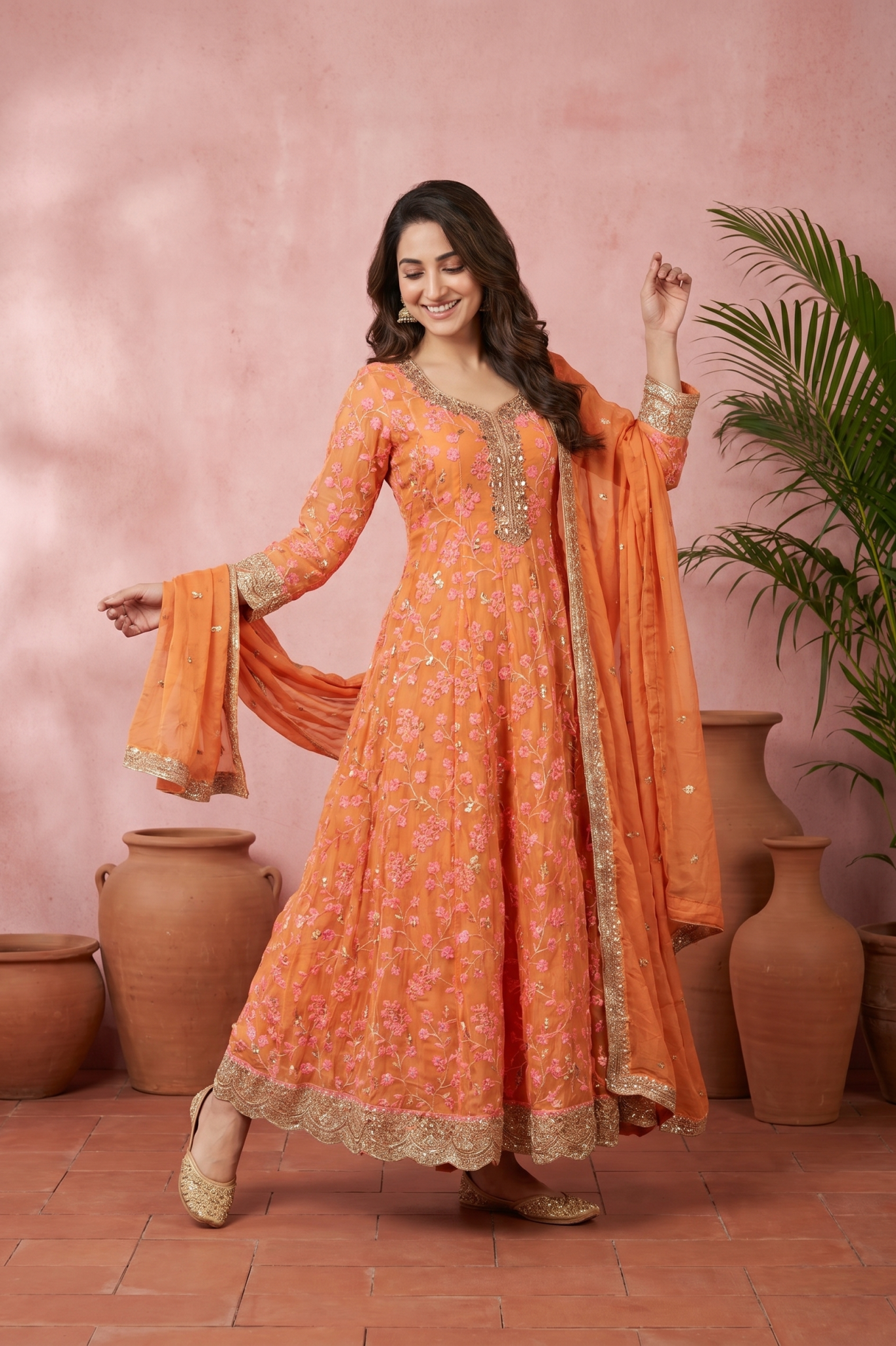 Orange Soft Organza Embroidered Anarkali Set