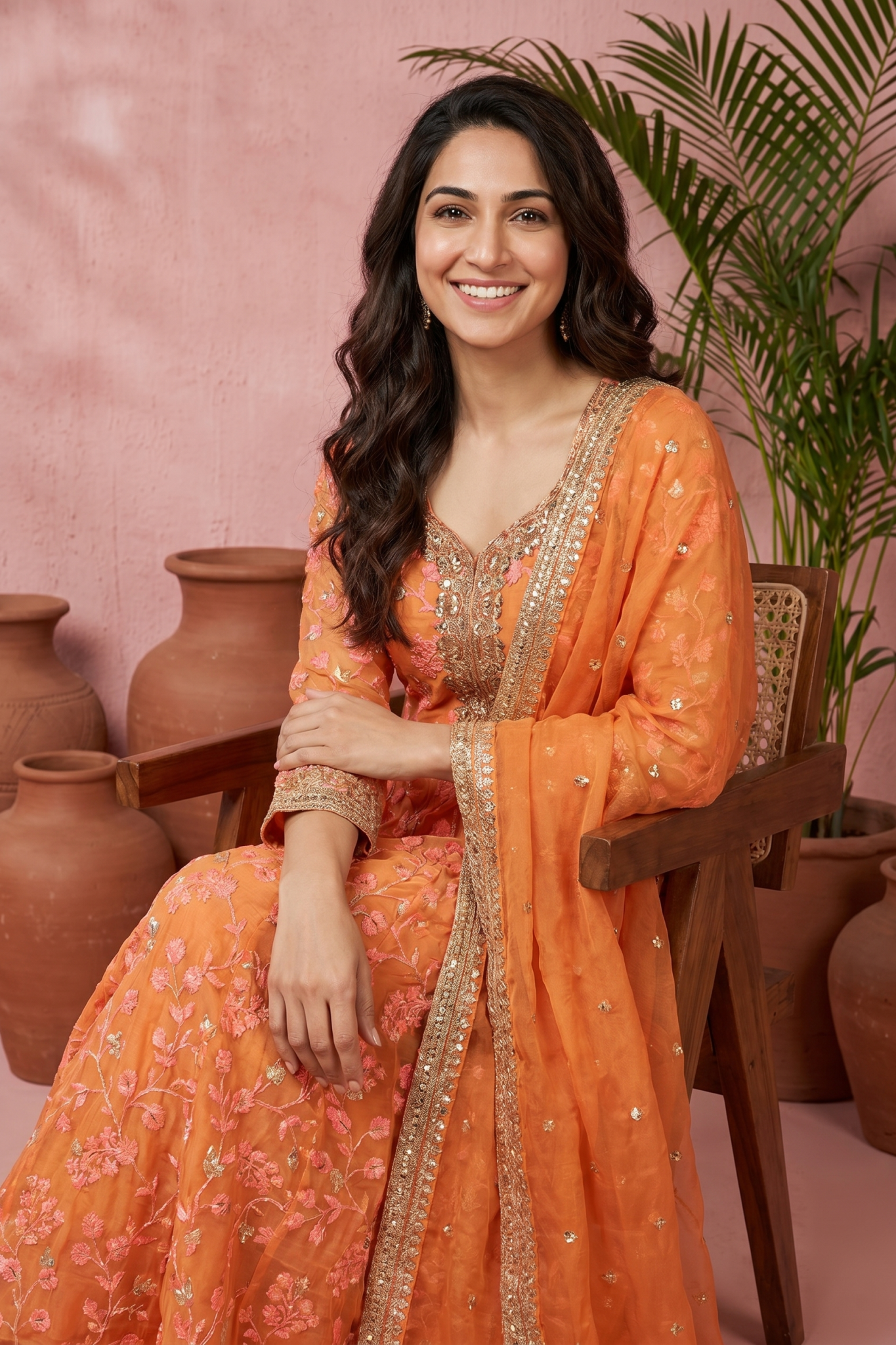 Orange Soft Organza Embroidered Anarkali Set