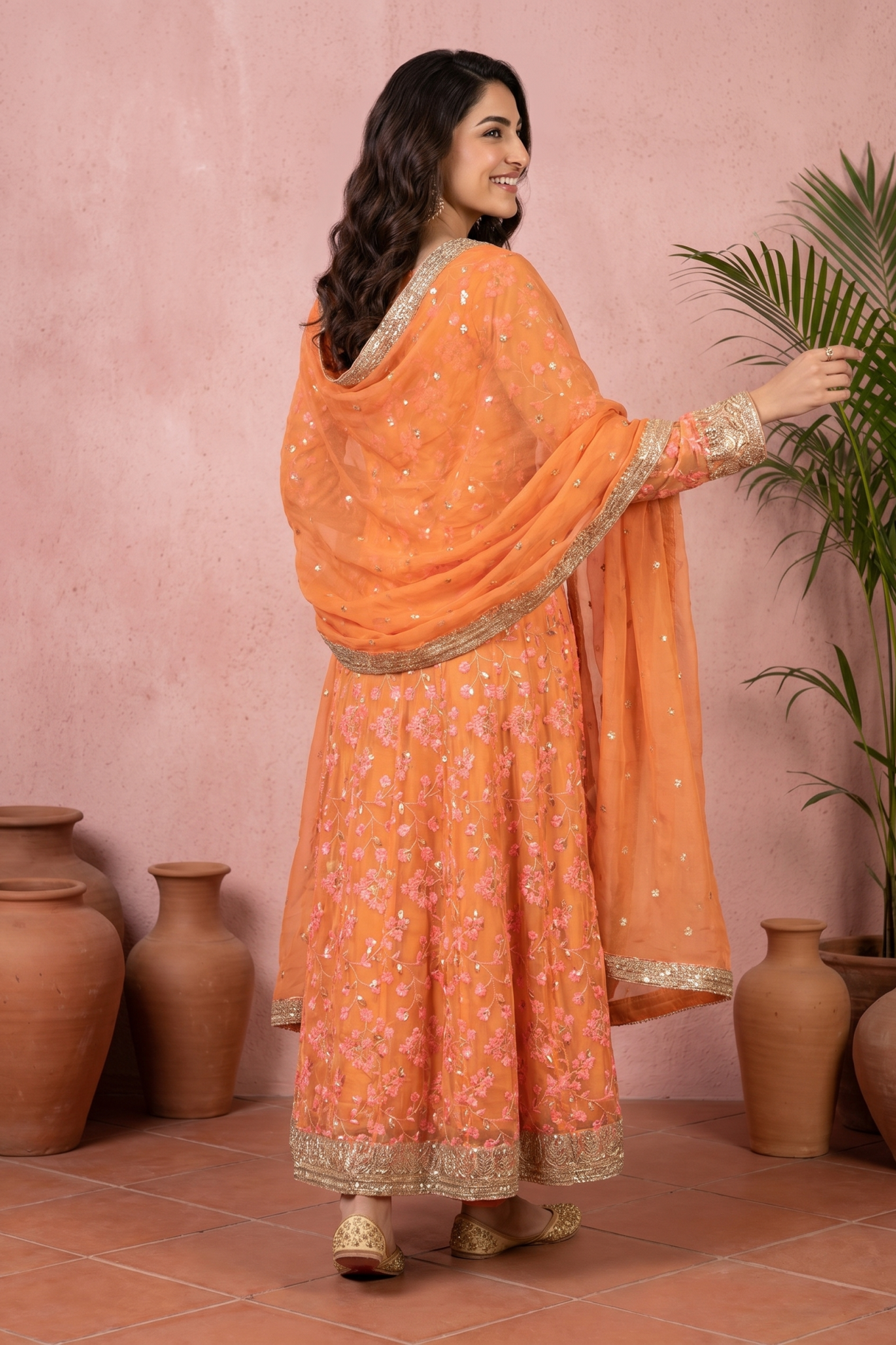 Orange Soft Organza Embroidered Anarkali Set