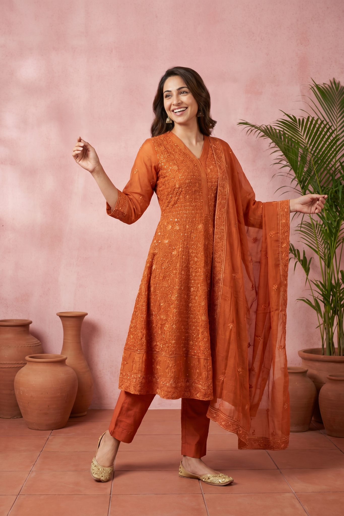 Burnt Orange Embroidered Cotton Salwar Set
